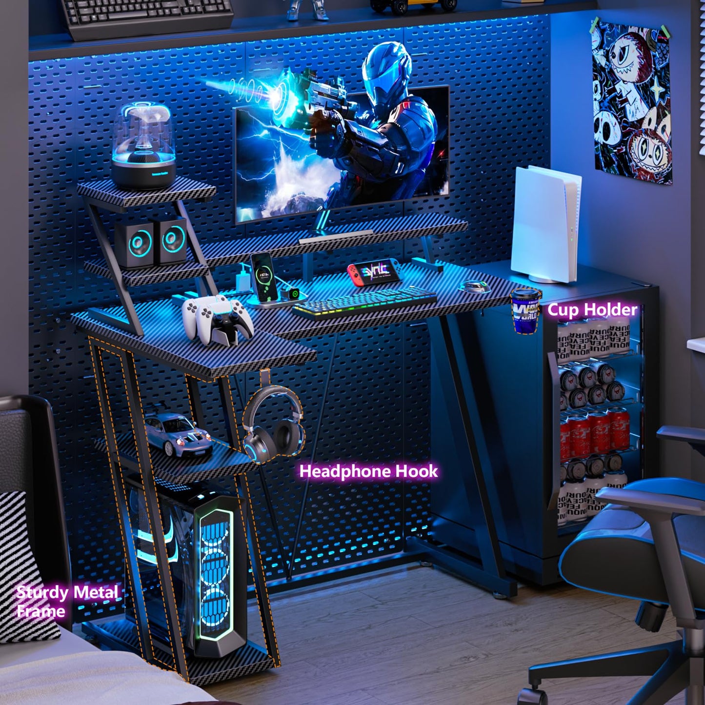 40 Inch Gaming Desk with LED Lights & Power Outlet, Small Gaming Computer Desk with Storage Shelves, L Shaped Gamer Workstations with Monitor Stand for Bedroom, Carbon Fiber Black