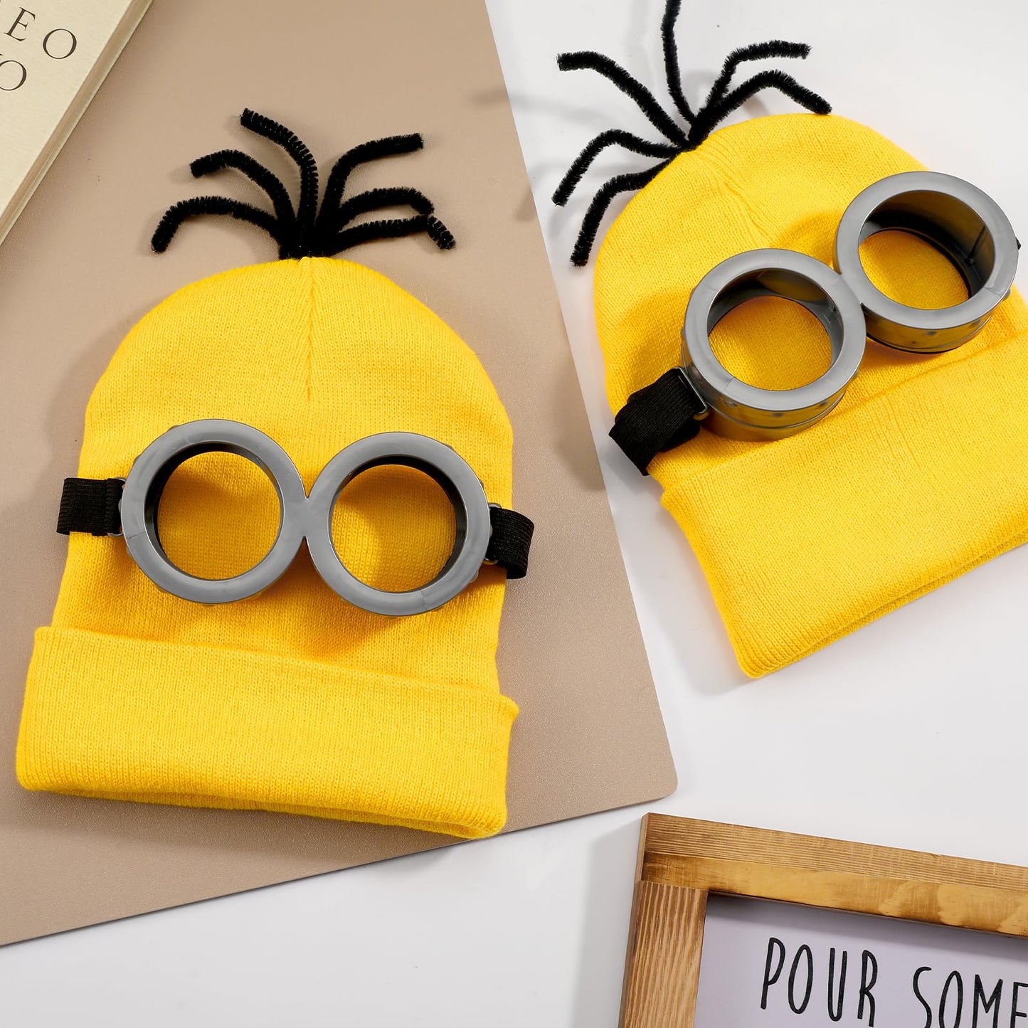 VZZNN 9PCS Costume Accessories Set Yellow Beanie Knit Hat Vintage Goggles Glasses Black Gloves for Cosplay