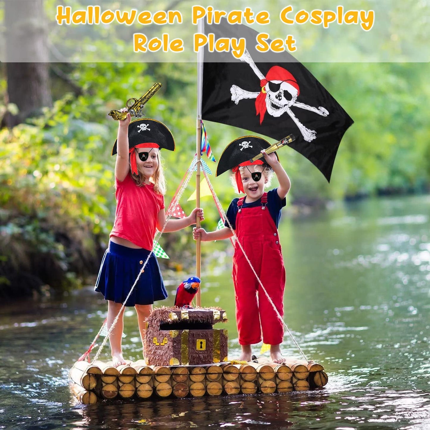 8 Pcs Pirate Accessories Halloween Kids Pirate Theme Pretend Party Toys Set Kids' Halloween Party Cosplay Dress Up Supplies with Hat Sword Pistol Eye Patch Telescope Compass Pirate Hook Map