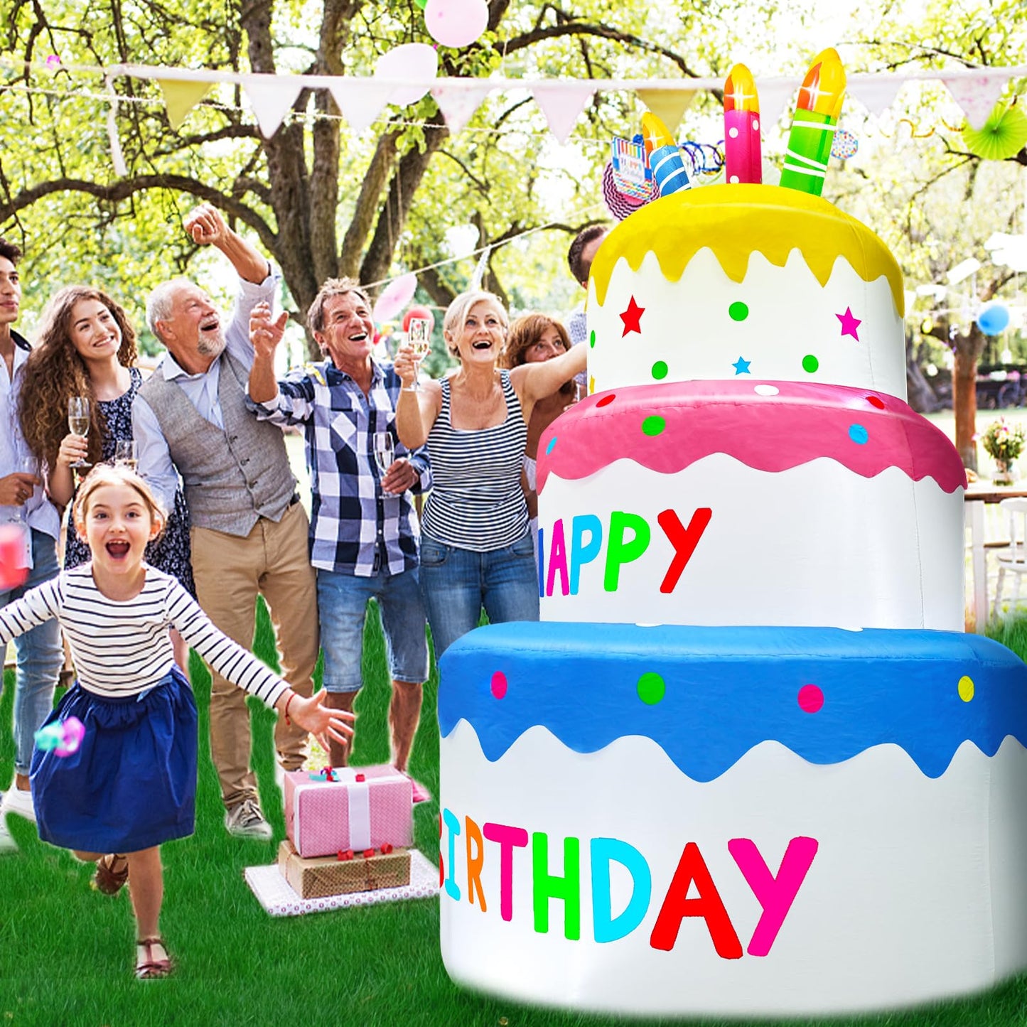 6 Ft Inflatable Happy Birthday Cake Decorations Outdoor Lighted Blow Up Holiday Birthday Party Decor with Candles 6 LED Lights for Indoor Home Celebration Garden Lawn Yard Prop Sign