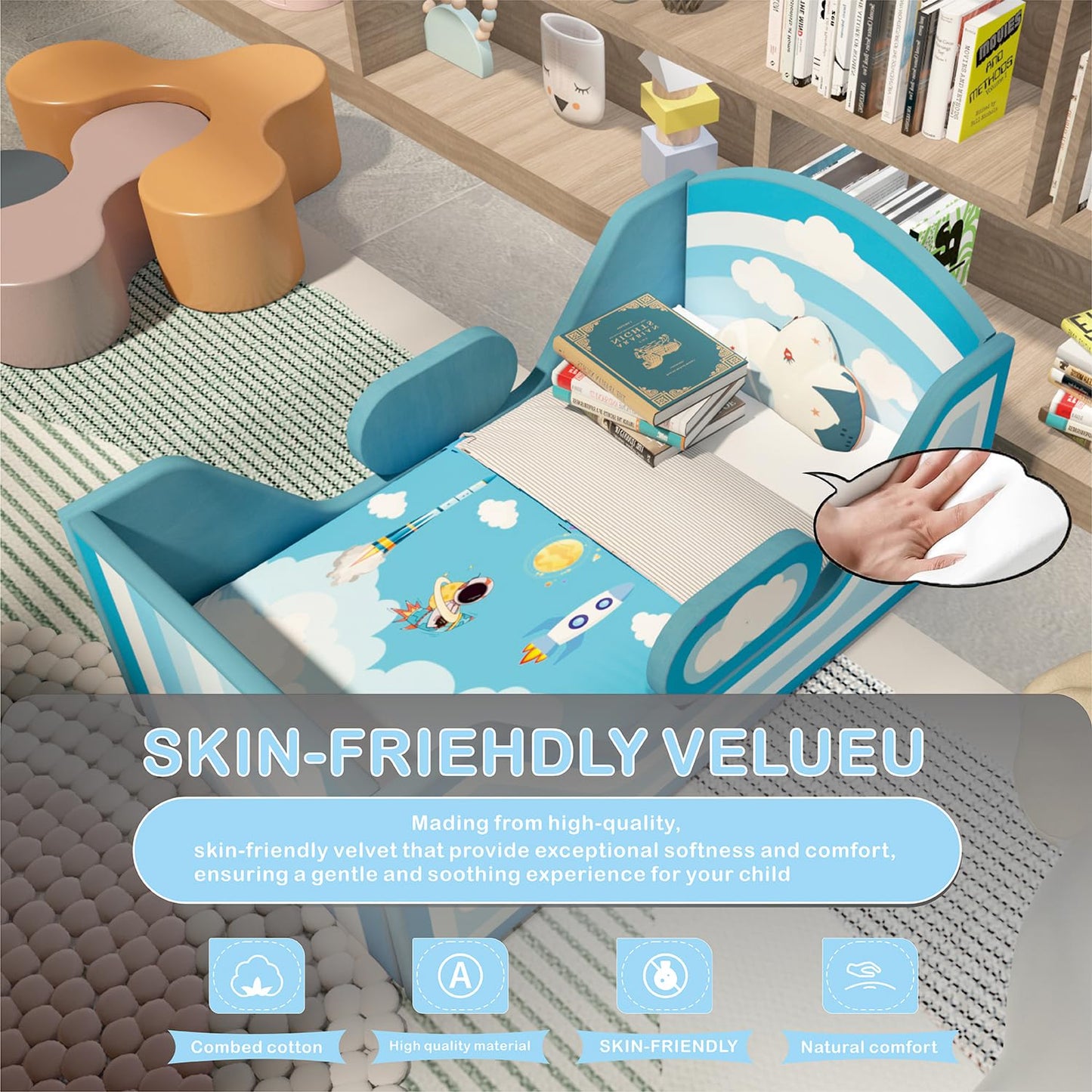 weeonekids Toddler Bed, Child Bed for Kids with Extra Safty Broad, Standard Crib Size Toddler Bed, Certified Fabric Toddler Beds,Toddler Flood Bed (Sky Blue)