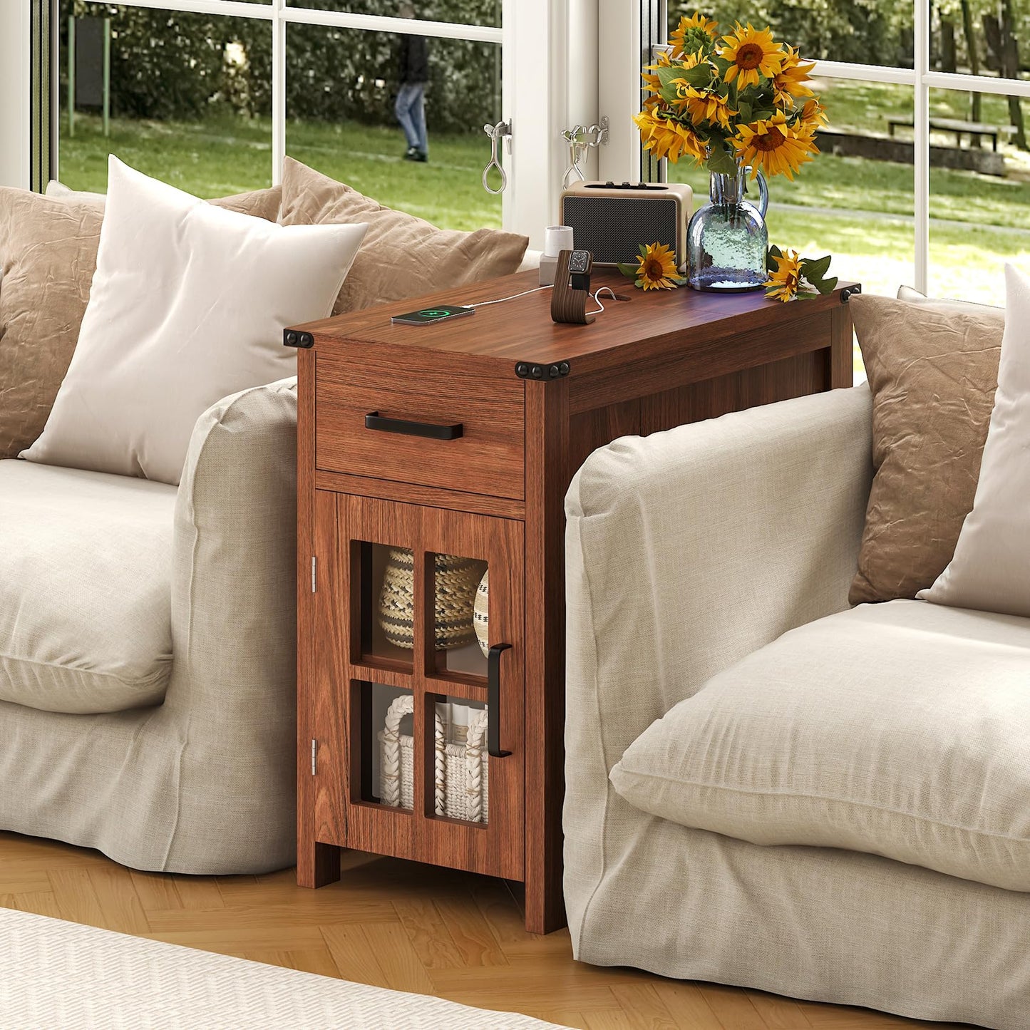 VVFLU Farmhouse End Table with Charging Station and 1 Storage Cabinet, 1 Drawer, Cherry Wood Nightstand Narrow, Skinny Side Table, Slim Bedside Table, Small Nightstand for Bedroom, Living Room, Sofa