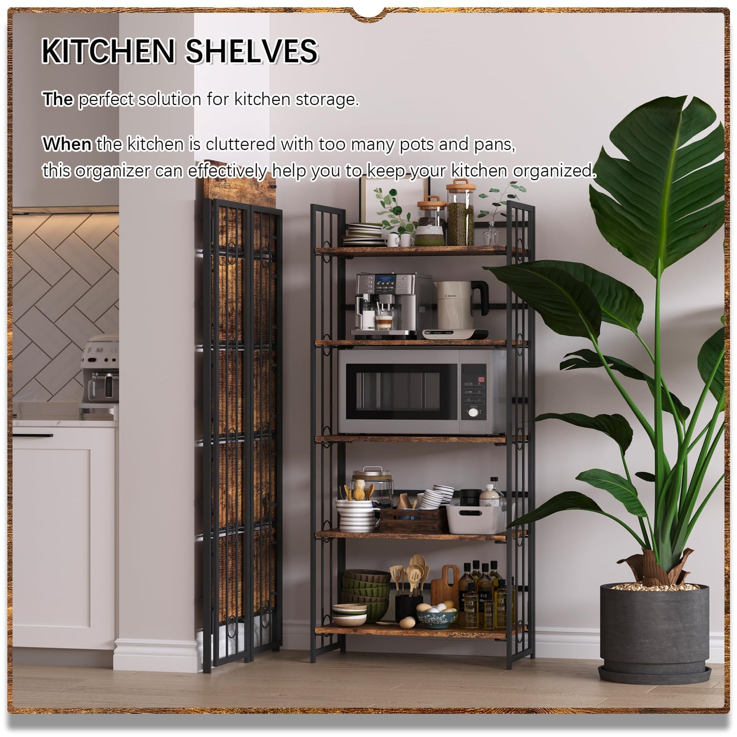 4NM No-Assembly 5 Tiers Folding Bookshelf Storage Shelves Vintage Bookcase Standing Racks Study Organizer Home Office - Rustic Brown Black