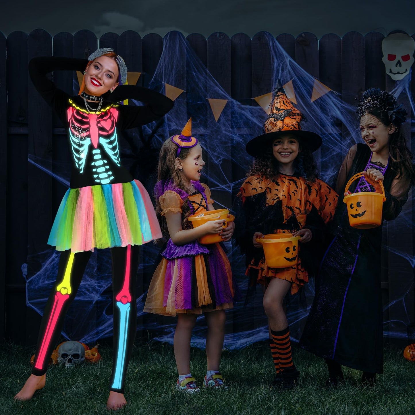 13 Pcs Halloween Glow in The Dark Skeleton Costume for Women Adult Set Funky Punk Bones Colorful Tutu Dress Hairpiece(M)