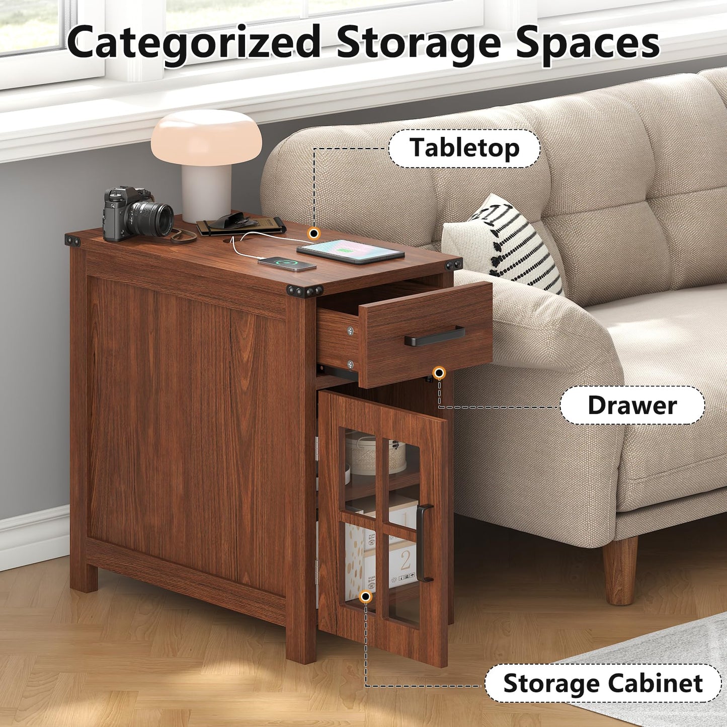 VVFLU Farmhouse End Table with Charging Station and 1 Storage Cabinet, 1 Drawer, Cherry Wood Nightstand Narrow, Skinny Side Table, Slim Bedside Table, Small Nightstand for Bedroom, Living Room, Sofa