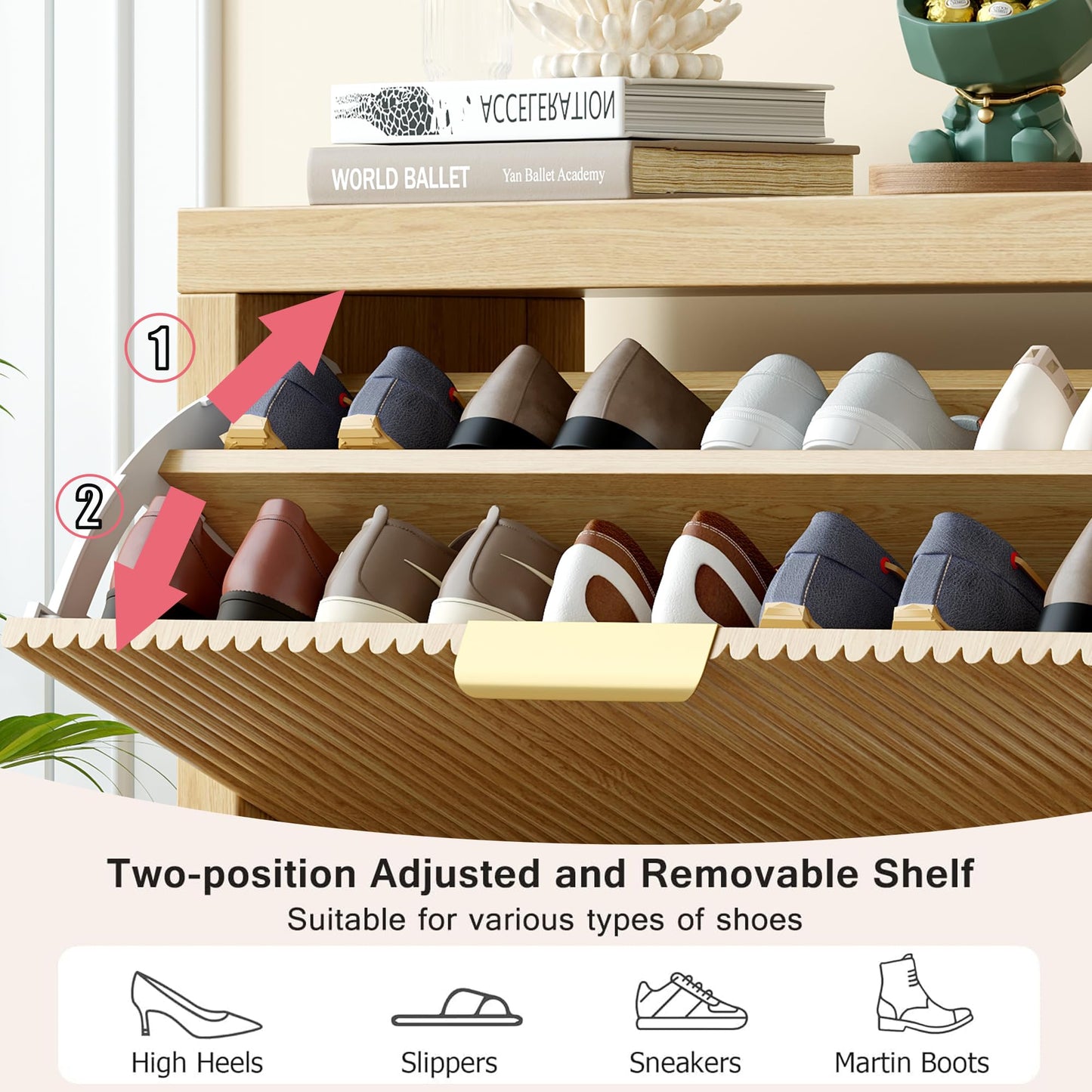 Vudanfe Modern 2-Tier Flip Drawer Shoe Cabinet, Freestanding Hidden Slim Narrow Shoe Rack Cabinet, Wooden Large Capacity Shoe Storage Cabinet Shoe Organizer, for Entryway, Hallway, Natural X2
