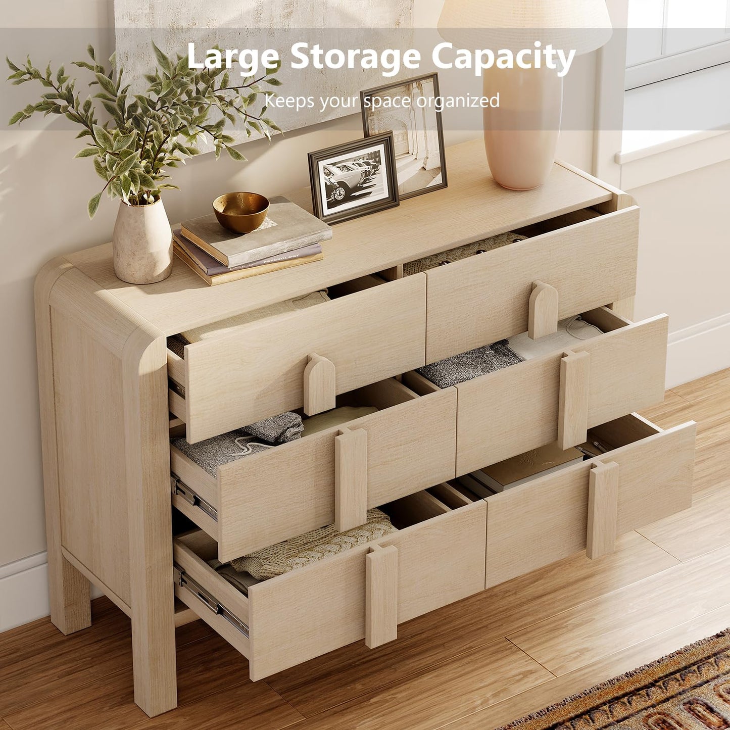WAMPAT 6 Drawers Dresser for Bedroom, 47.2" Wide Mid Century Modern Chest of Drawers, Wooden Dressers TV Stand with Curved Profile Design, Storage Organizer for Bedroom, Closet, Hallway, Light Oak
