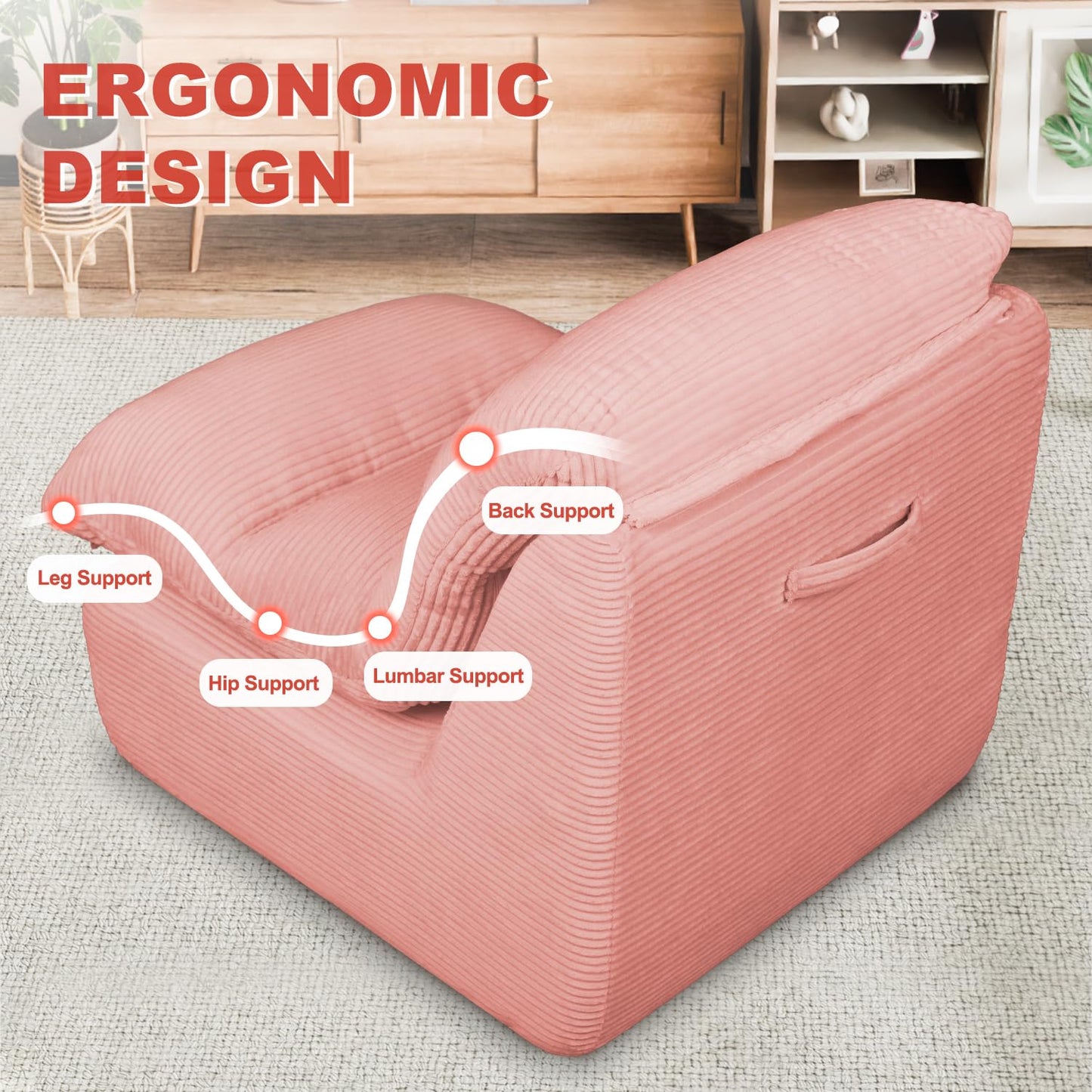 Vonesse Bean Bag Chair, Double-Layered Bean Bag Chair for Adults, Comfortable Memory Foam Bean Bag Sofa, Corduroy Bean Bag Couches for Living Room Bedroom (Pink)