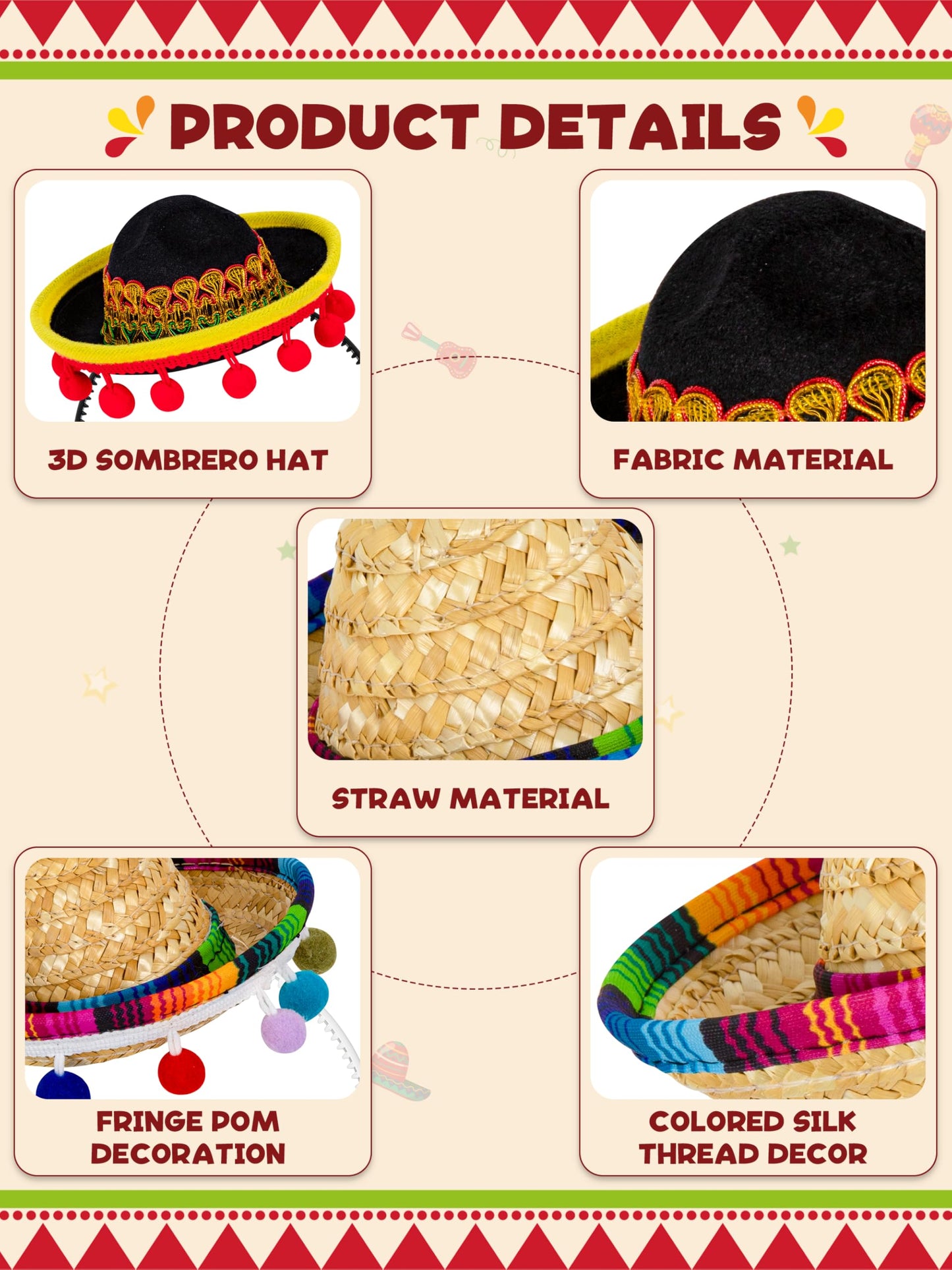 3 PCS Cinco De Mayo Sombreros with Headbands - Fabric and Straw Fiesta Hats, 3 Styles for Mexican Carnivals and Festivals