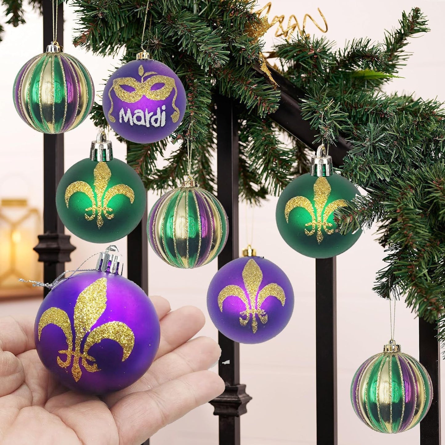 24 PCS Mardi Gras Tree Hanging Ball Ornaments-2.36 Inch Mardi Gras Shatterproof Ball-Purple Green Gold Tree Ornaments for Mardi Gras New Orleans Masquerade Party Decoration