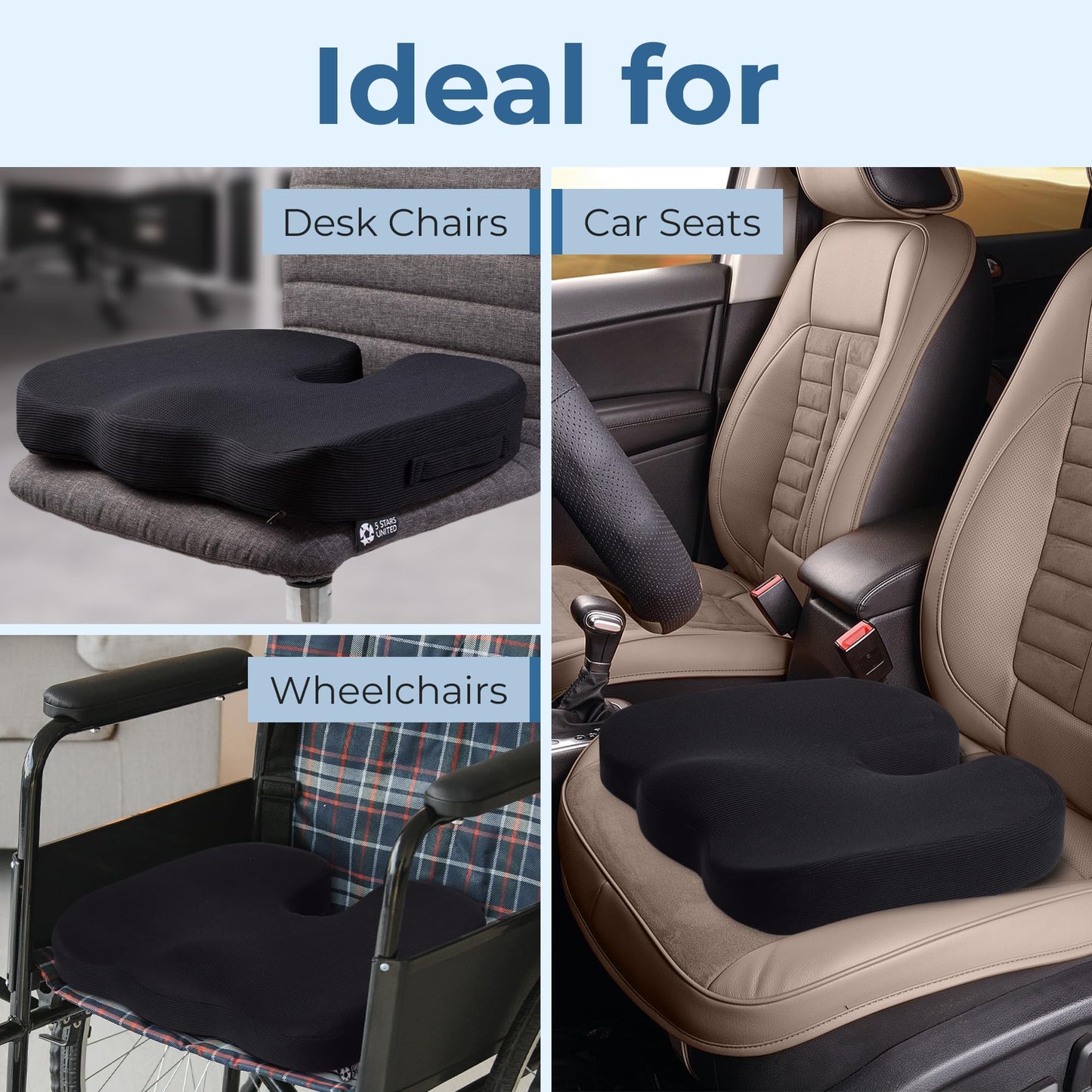 5 STARS UNITED Seat Cushion for Tailbone Pain Relief โ Memory Foam Lifting Pillow for Coccyx, Hip, Hemorrhoid, Sciatica & Post-Surgery Recovery โ Wheelchair, Car, Desk, Gaming & Office Chairs, Black