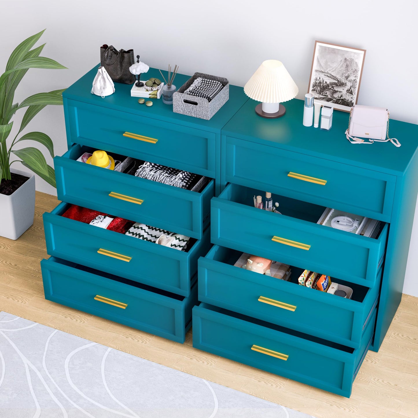 Washsemba Metal 4 Drawer Dresser,15.8" D x 31.5" W x 39.25" H,Home Peacock Blue Dresser for Bedroom,Storage Cabinet with 4 Drawers,Tall Dresser,Entryway, and Closet.Peacock Blue