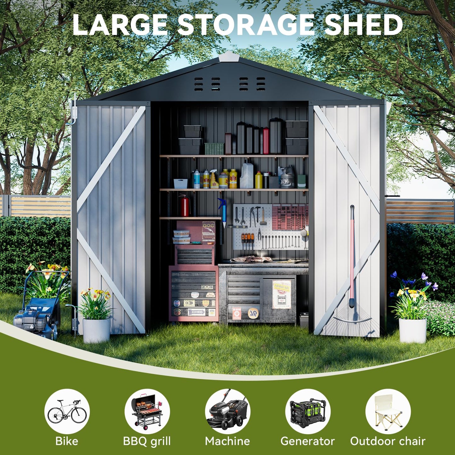 COMHOMA Shed Outdoor Storage Shed Metal,Lockable Doors Tool Sheds with Sloping Roof,Steel Garden Shed with Air Vent for Backyard,Patio,Lawn,Poolside (Grey, 6x4)