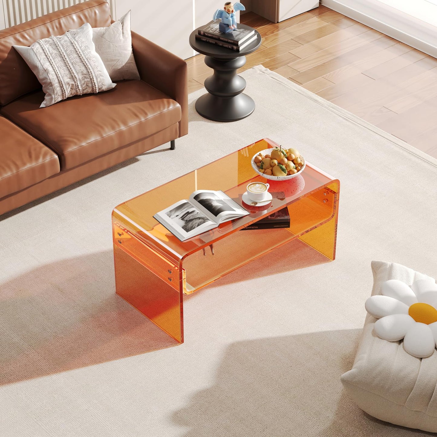XOHYW Acrylic Coffee Table, Orange Rectangle Acrylic Side Table Furniture, Modern Tea Table with Open Storage, Acrylic End Table for Living Room, Office Reception and Bedroom
