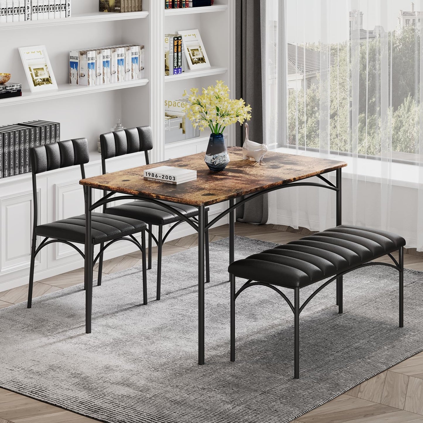 4 EVER WINNER Dining Table Set for 4, Kitchen Table with Upholstered Bench and 2 Chairs, Dining Room Set for Small Space, Apartment, Kitchen, Rustic Brown