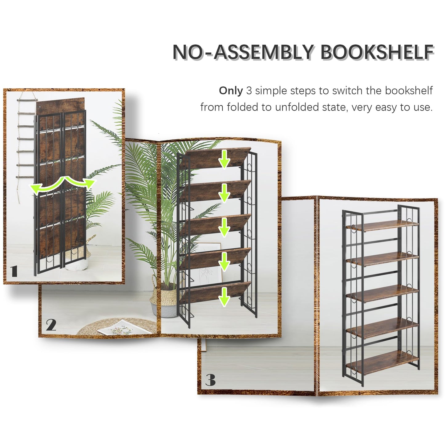 4NM No-Assembly 5 Tiers Folding Bookshelf Storage Shelves Vintage Bookcase Standing Racks Study Organizer Home Office - Rustic Brown Black