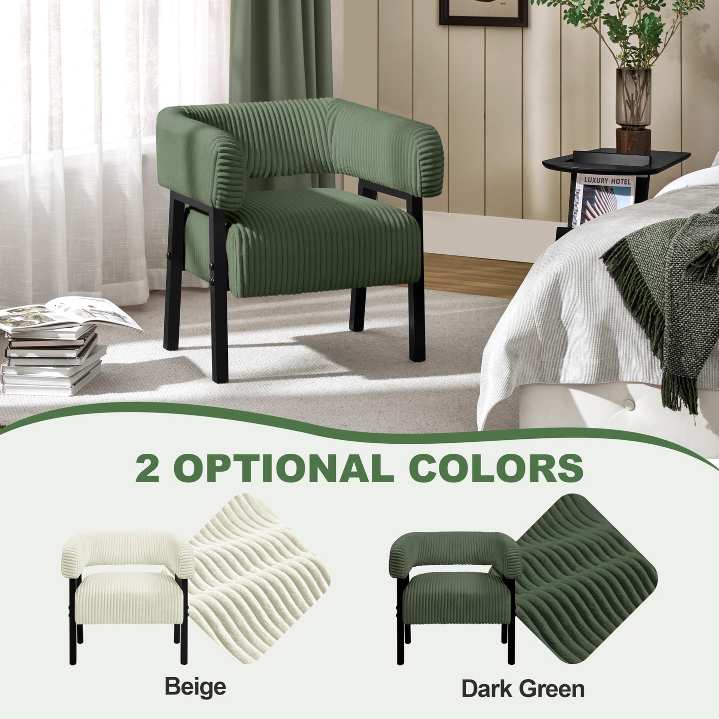 Yaheetech Corduroy Barrel Accent Chair Set of 2, Modern Upholstered Armchair with Solid Wood Legs, Cozy Leisure Chair with Pocket Coiled Seat for Living Room, Bedroom, Reading Nook Dark Green