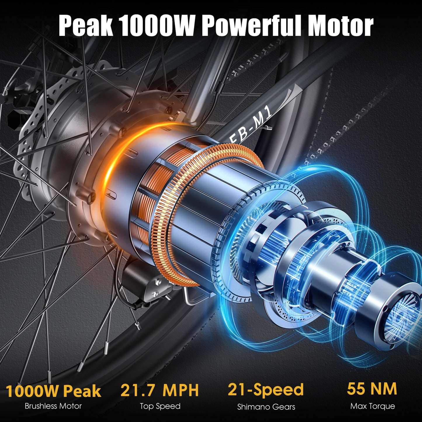 Funhang Electric Bike for Adults, Peak 1000W Ebike, 50Miles 21.7MPH Adult Electric Bicycles, 26" Electric Mountain Bike 48V 374.4WH Battery, Commuter E Bike with Adjustable Stem, Fenders, 21 Speed