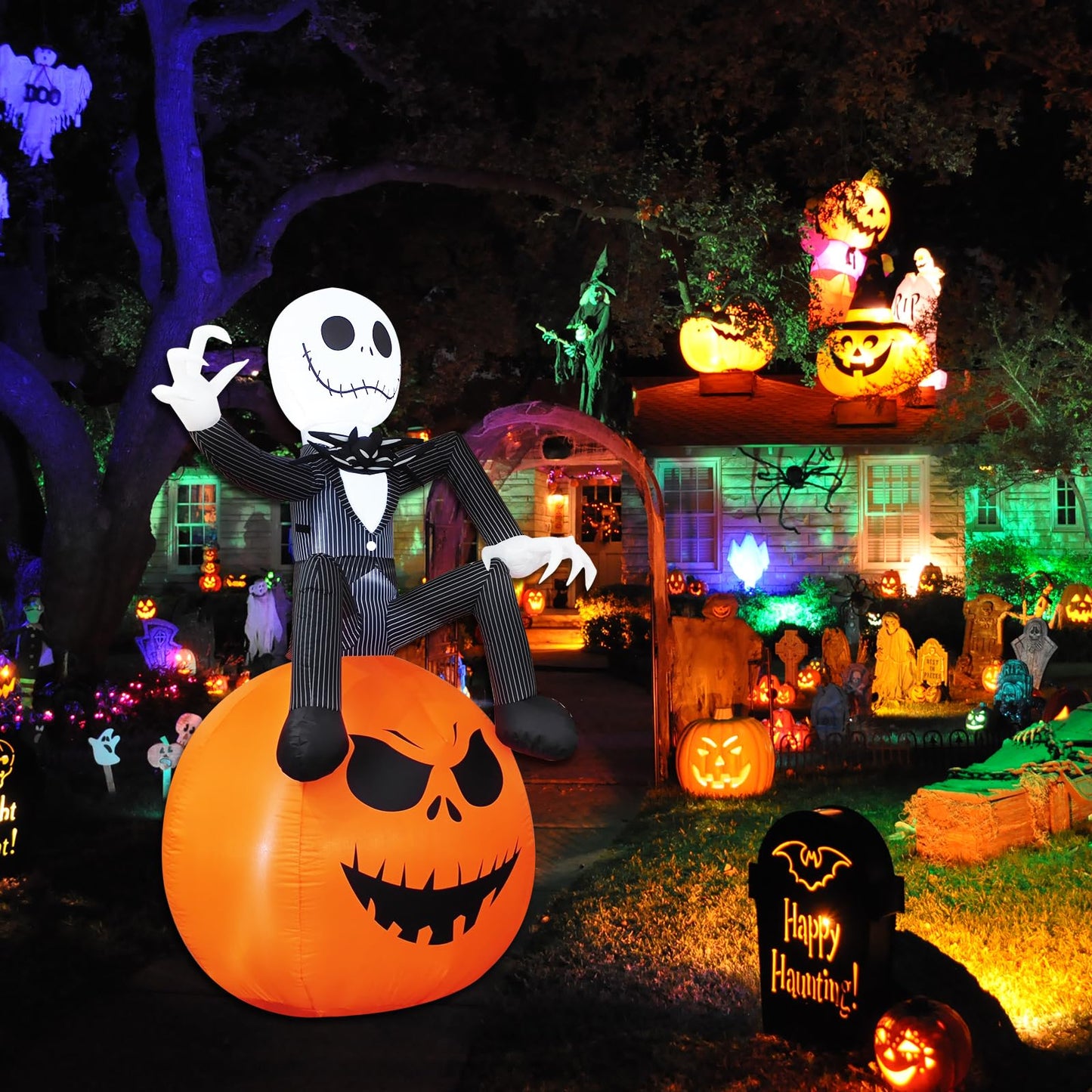 6Ft Inflatable Halloween Yard Decoration - Outdoor Blow Up Skeleton & Pumpkin Decoration - Built-in LED Lights for Halloween Lawn Outdoor Decoration
