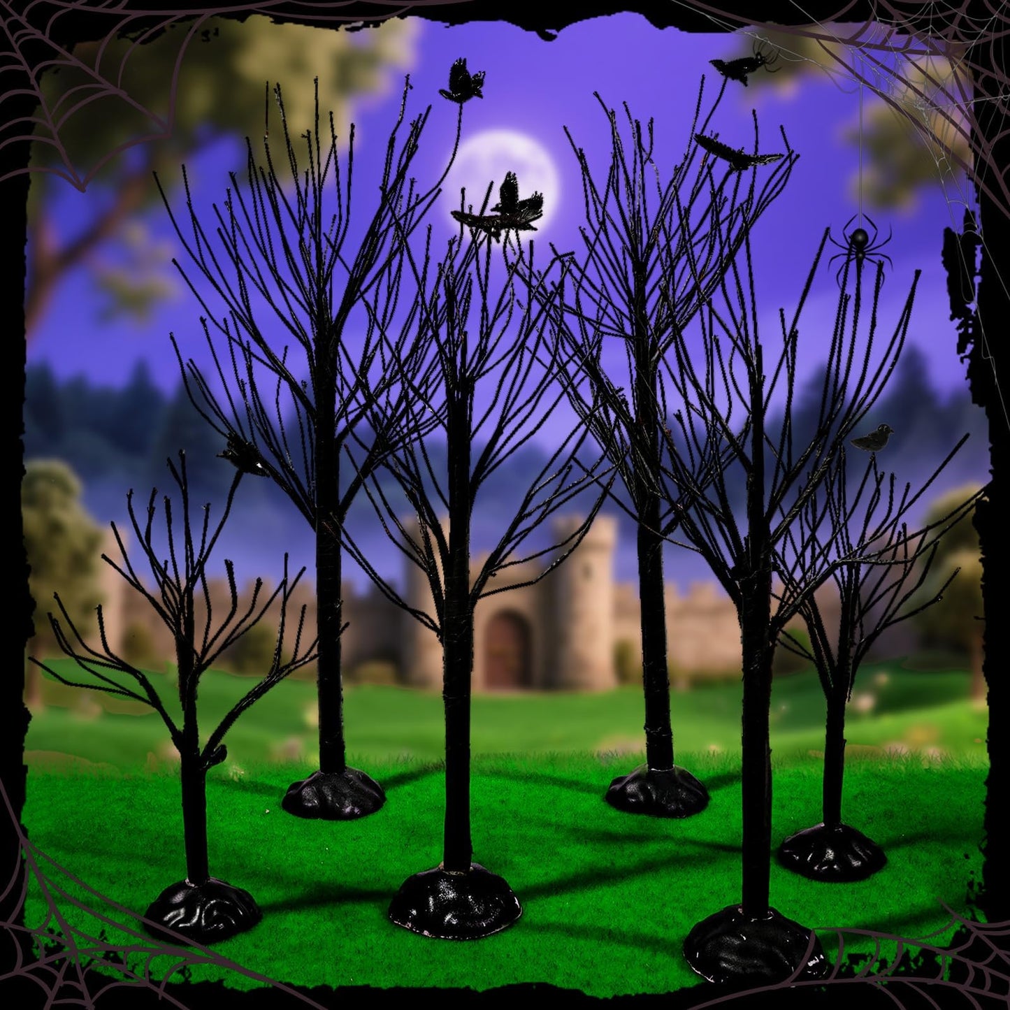 Warmtree 6 Pcs Halloween Village Trees Mini Decor Tree Artificial Tabletop Branch Trees, Halloween Village Accessories with Crows Figurine for Holiday Home Garden Office Festival Decor