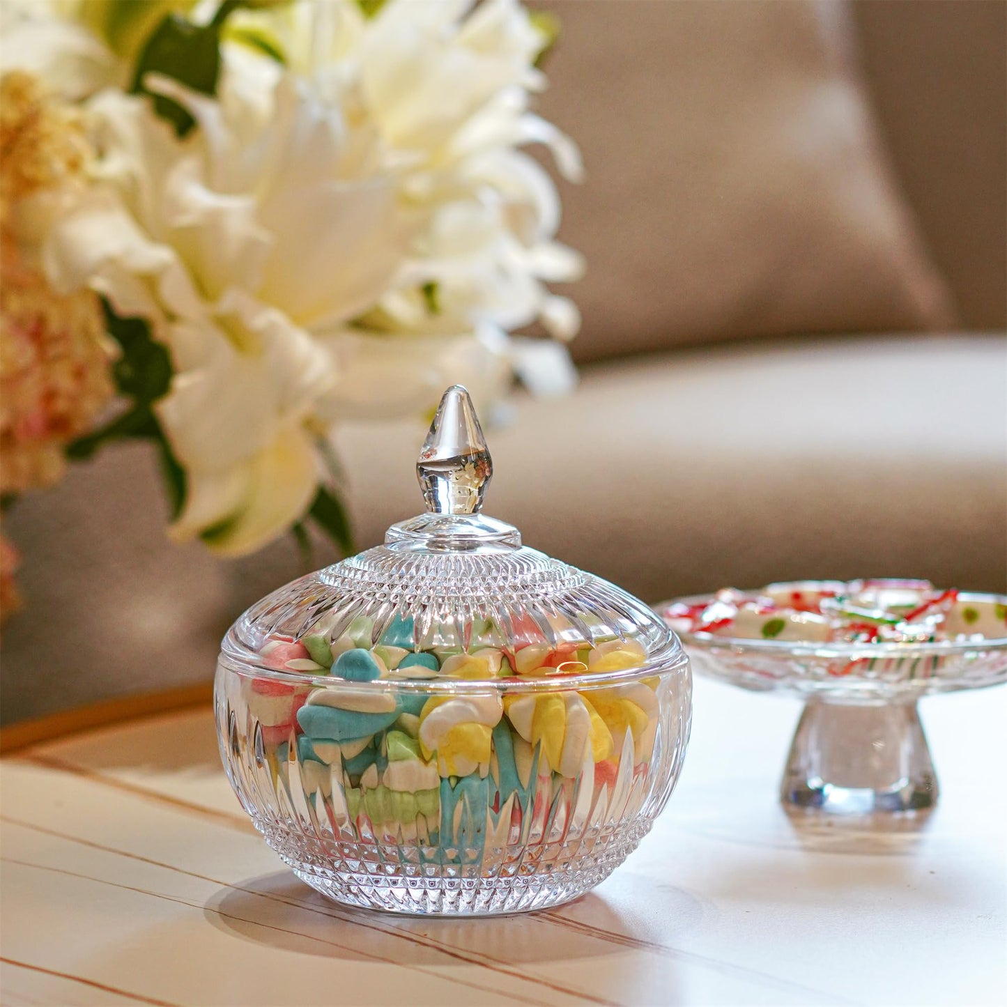 600ml/21oz Large Glass Candy Dish with Lid,Clear Crystal Candy Jar with Lid,Decorative Glass Jar for Buffet, Party, Wedding, Home Decoration,Dishwasher Safe