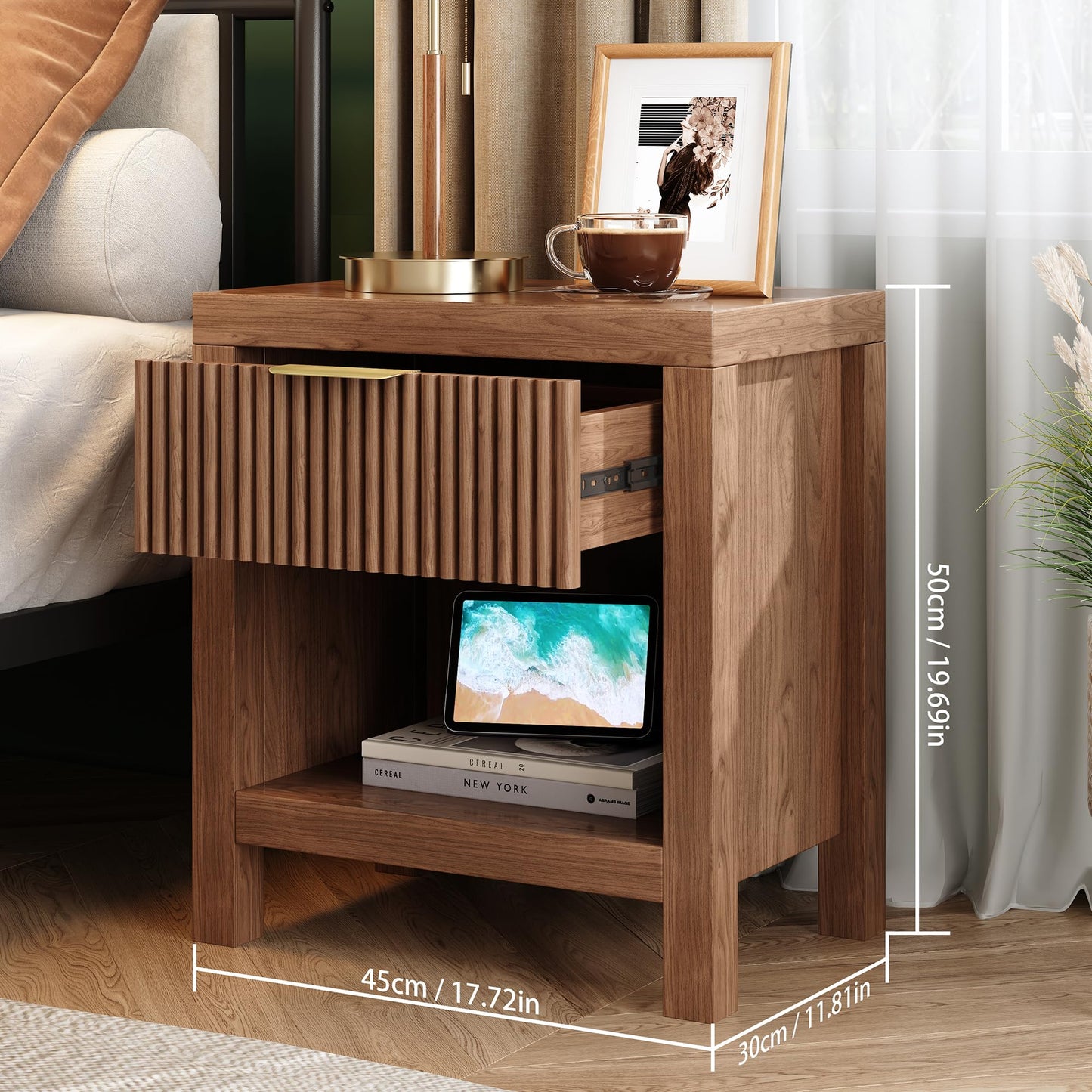Vudanfe End Table Set of 2 with Storage, Small End Table, Wood Bedside Table with Drawer and Opening Storage, Nightstand Accent Table for Living Room, Bedroom, Walnut Oak
