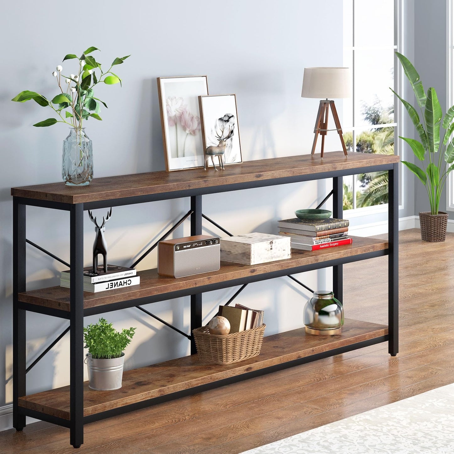 70.8" Extra Long Narrow Console Table Sofa Table Entryway Table with 3 Tiers Storage Shelves Rustic Brown Rustic, Vintage