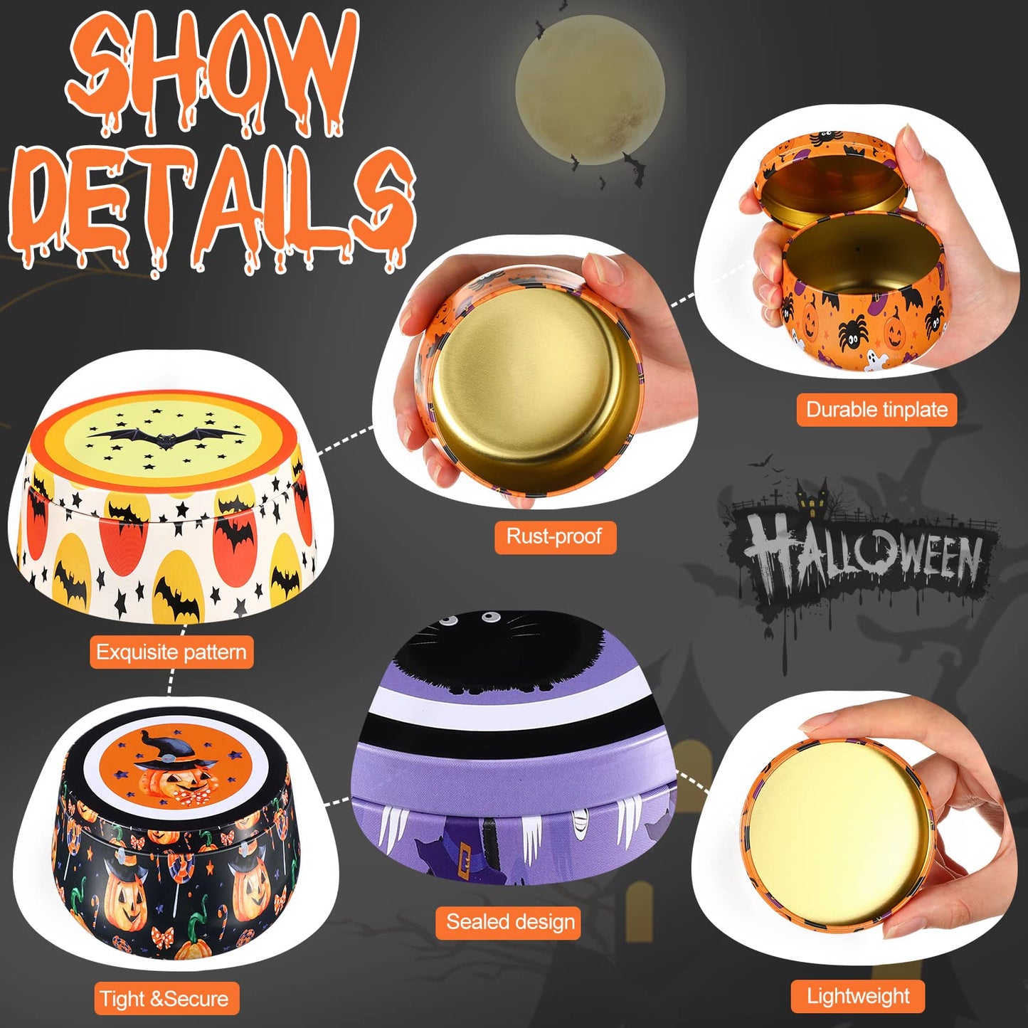 12 Pack Halloween Cookie Tins with Lids 8 oz Candle Jars for Making Candles Large Capacity Round Tinplate with Lids Cookie Containers for Storing Candies Biscuits Treat Small Gift(Halloween)