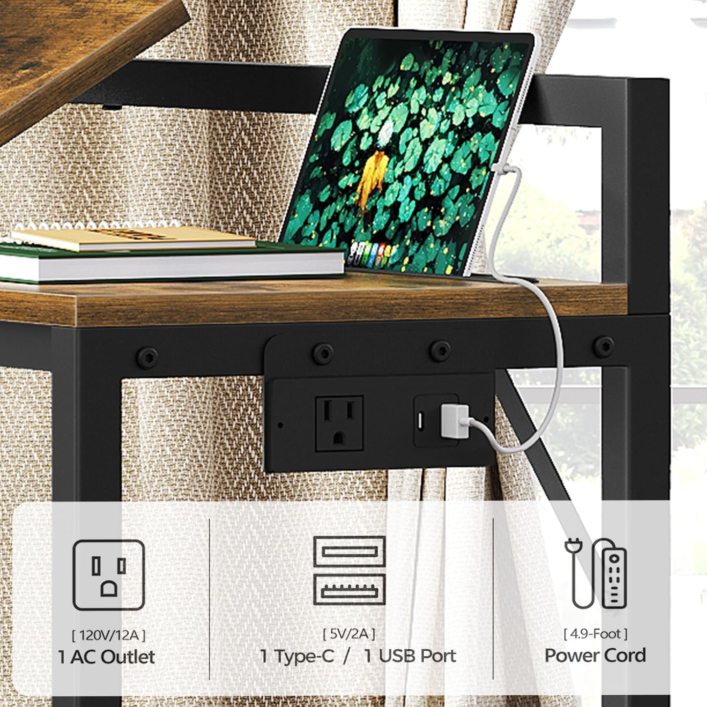 YATINEY Overbed Table with Wheel, Laptop Table Charging Station, Recliner Table with Adjustable Stand and Storage, Over Bedside Tables for Home, Dormitory, Sofa, Rustic Brown and Black SF03UBR