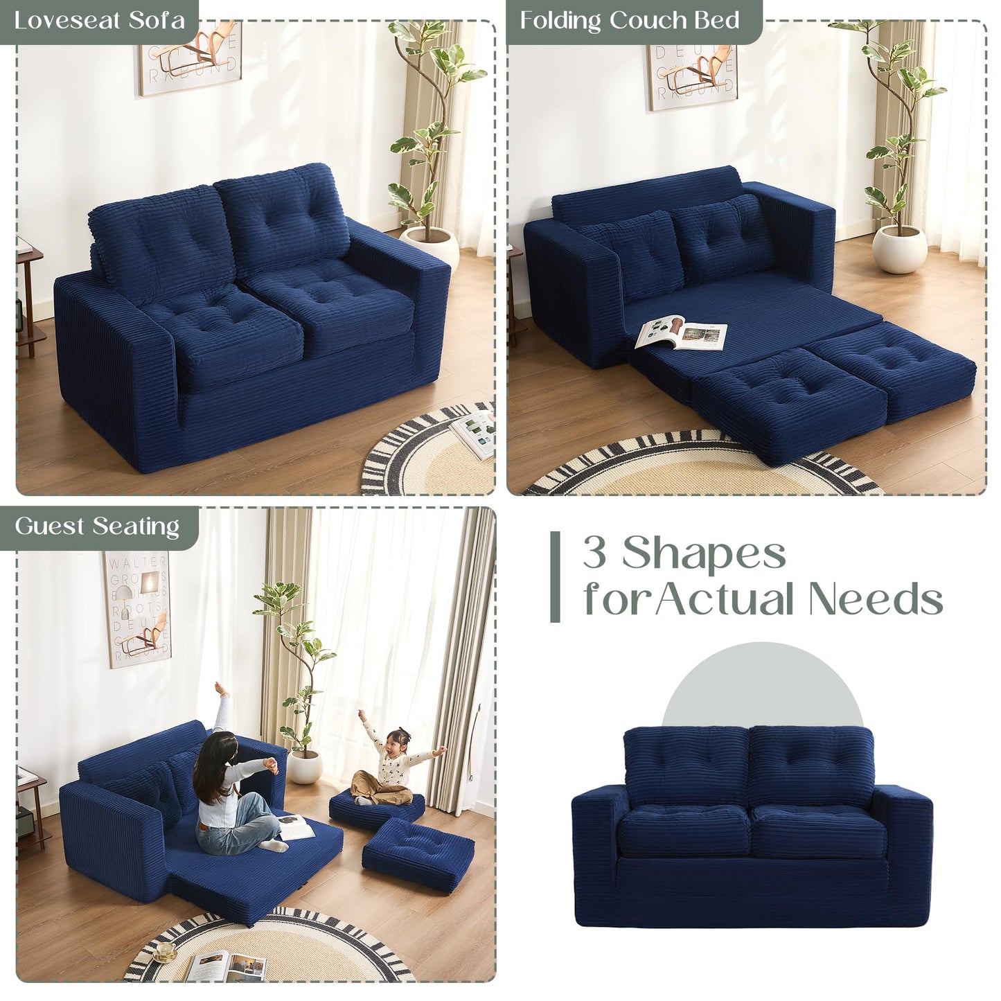 Afuson 61" Convertible Sofa Bed, Pull Out Loveseat Sleeper Sofa, 3 in 1 Folding Futon Bed, Fold Out Floor Bed Sofa with Pillows for Living Room Bedroom Lounge Guest Room, Corduroy, Blue