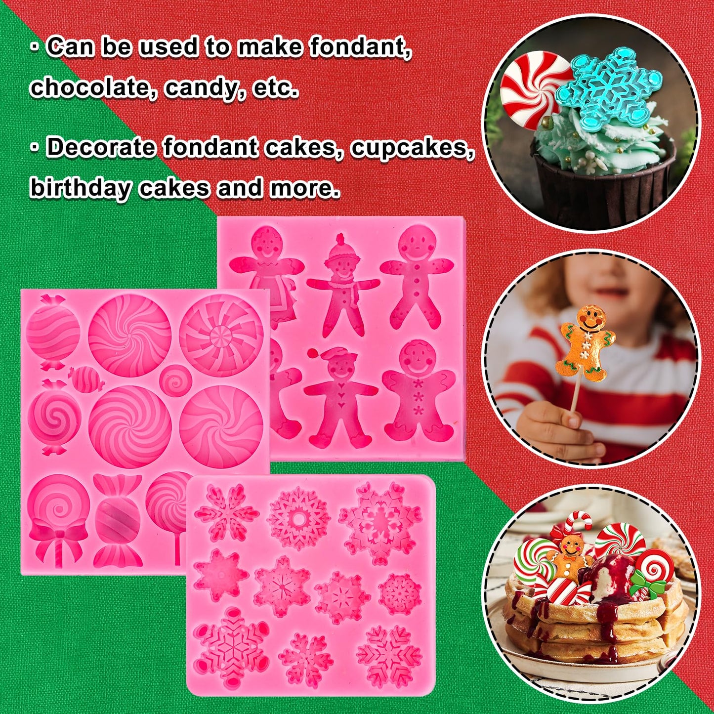 Whaline 3Pcs Christmas Candy Fondant Mold Pink Gingerbread Man Snowflake Silicone Mold Assorted Chocolate Candy Mould for Xmas Winter Party Cupcake Sugar Craft Gum Resin Clay