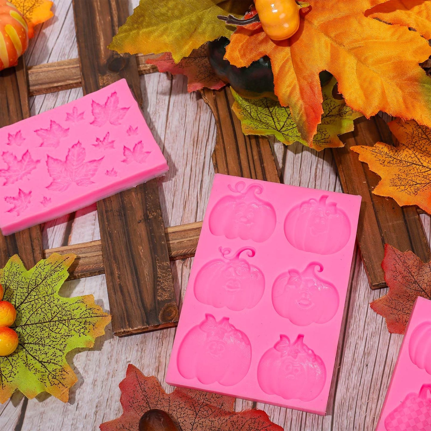 Whaline 3 Packs Fall Thanksgiving Fondant Molds Pumpkin Maple Leaves Silicone Molds Autumn Chocolate Candy Mould for Kitchen Party Baking Sugar Craft Gum Resin Clay Decor Supplies