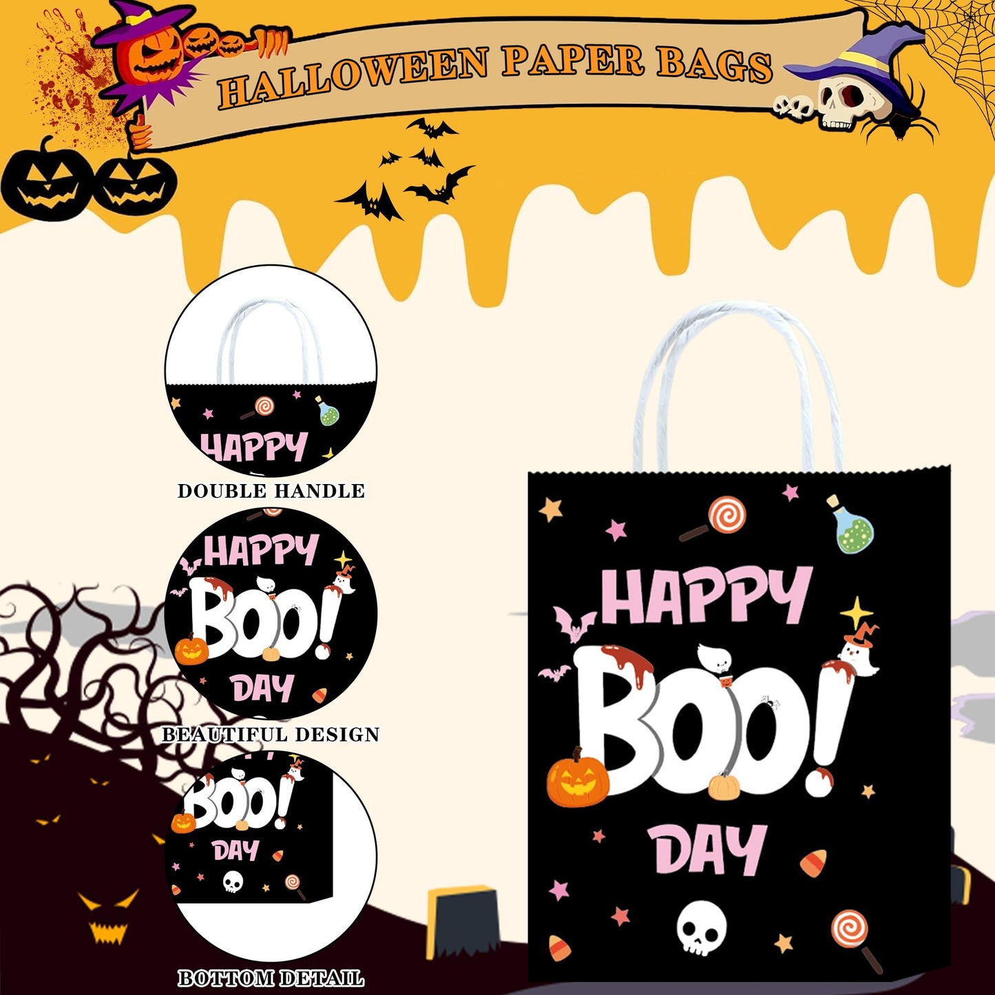 W WINTMING 16Pcs Halloween Party Favors Bags with Handle Trick or Treat Gift Bags Wrapping Halloween Goodie Candy Bag Docor Supplies