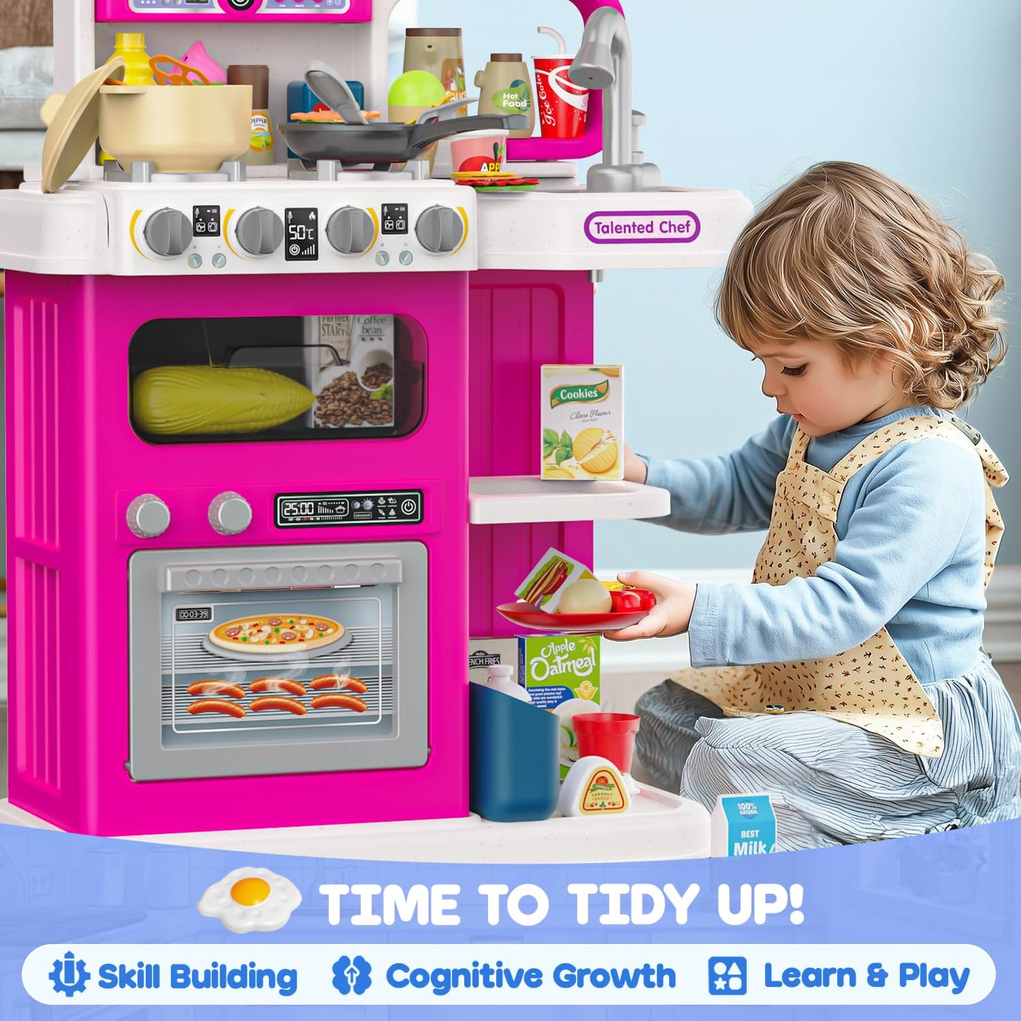 96PCS Kids Play Kitchen with Sound & Light, Cooking Stove with Steam, Play Food Toy Set for Boys and Girls (Pink)