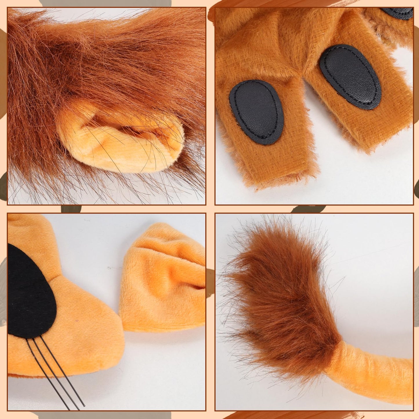 6Pcs Lion Costume Lion Ears Headband and Tail Set Nose Bowtie Gloves Halloween Cosplay Accessories Party Supplies for Adults