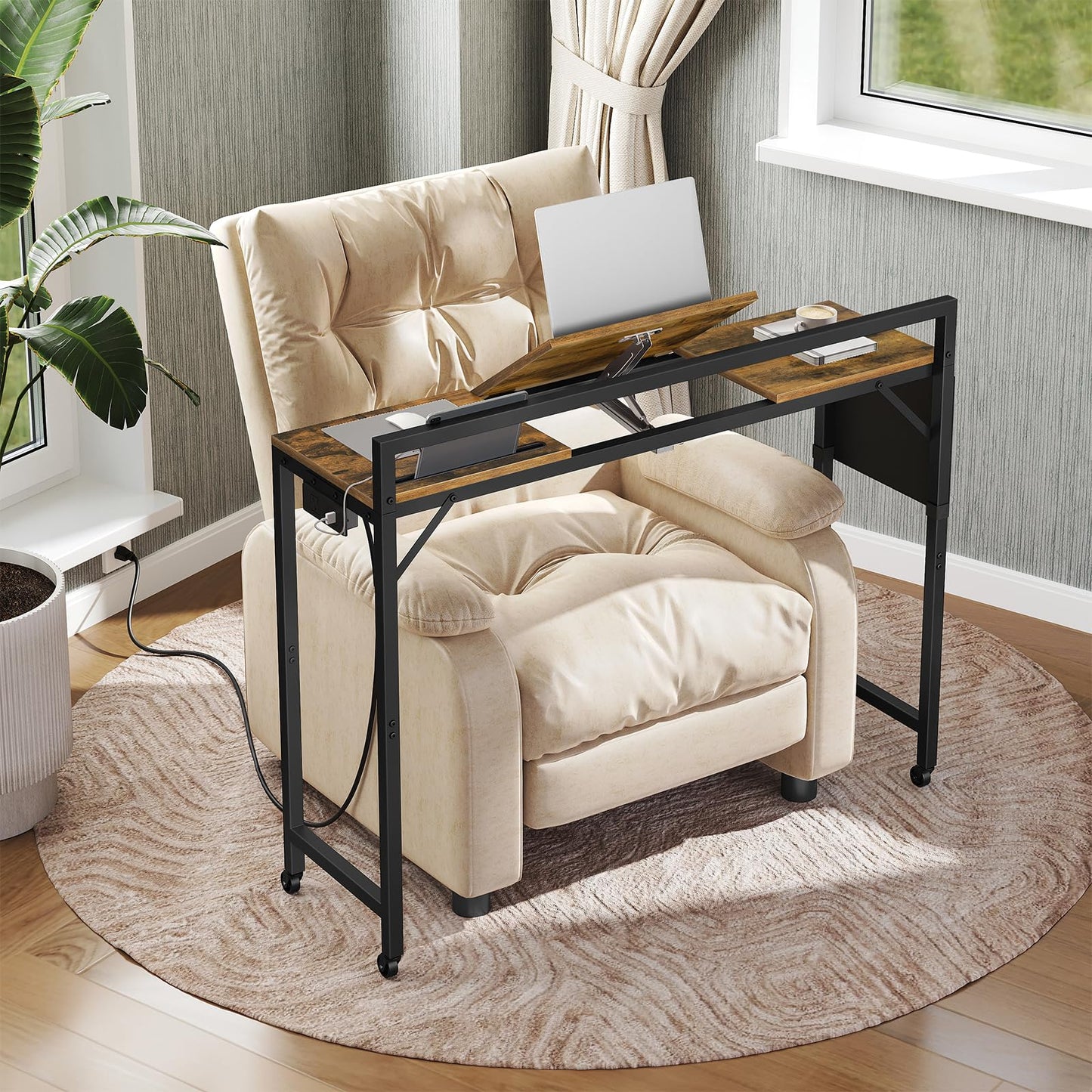 YATINEY Overbed Table with Wheel, Laptop Table Charging Station, Recliner Table with Adjustable Stand and Storage, Over Bedside Tables for Home, Dormitory, Sofa, Rustic Brown and Black SF03UBR