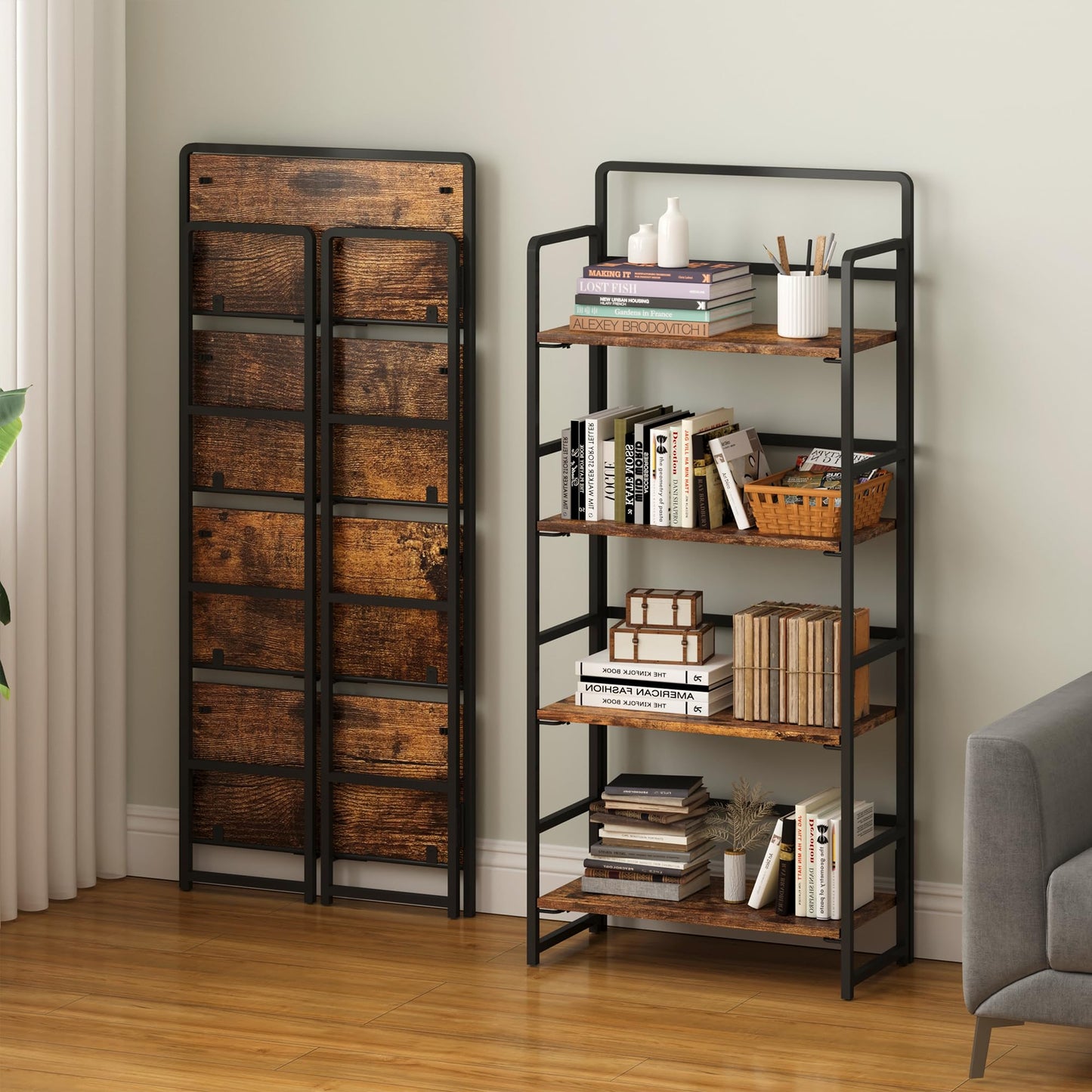 4NM No-Assembly 4 Tiers Folding Bookshelf Storage Shelves Vintage Bookcase Standing Racks Study Organizer Home Office (Rustic Brown and Black)