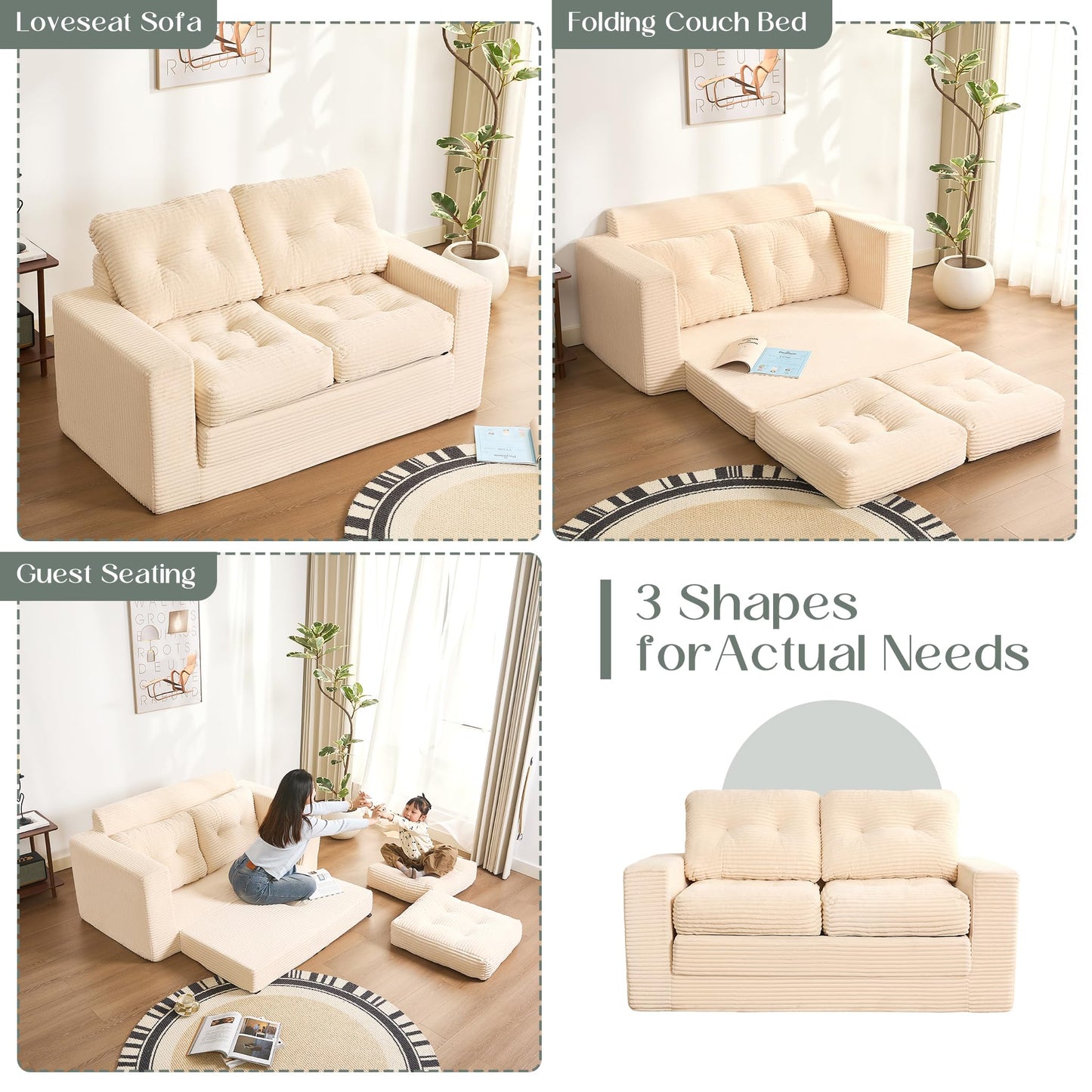 Afuson 61" Convertible Sofa Bed, Pull Out Loveseat Sleeper Sofa, 3 in 1 Folding Futon Bed, Fold Out Floor Bed Sofa with Pillows for Living Room Bedroom Lounge Guest Room, Corduroy, Beige