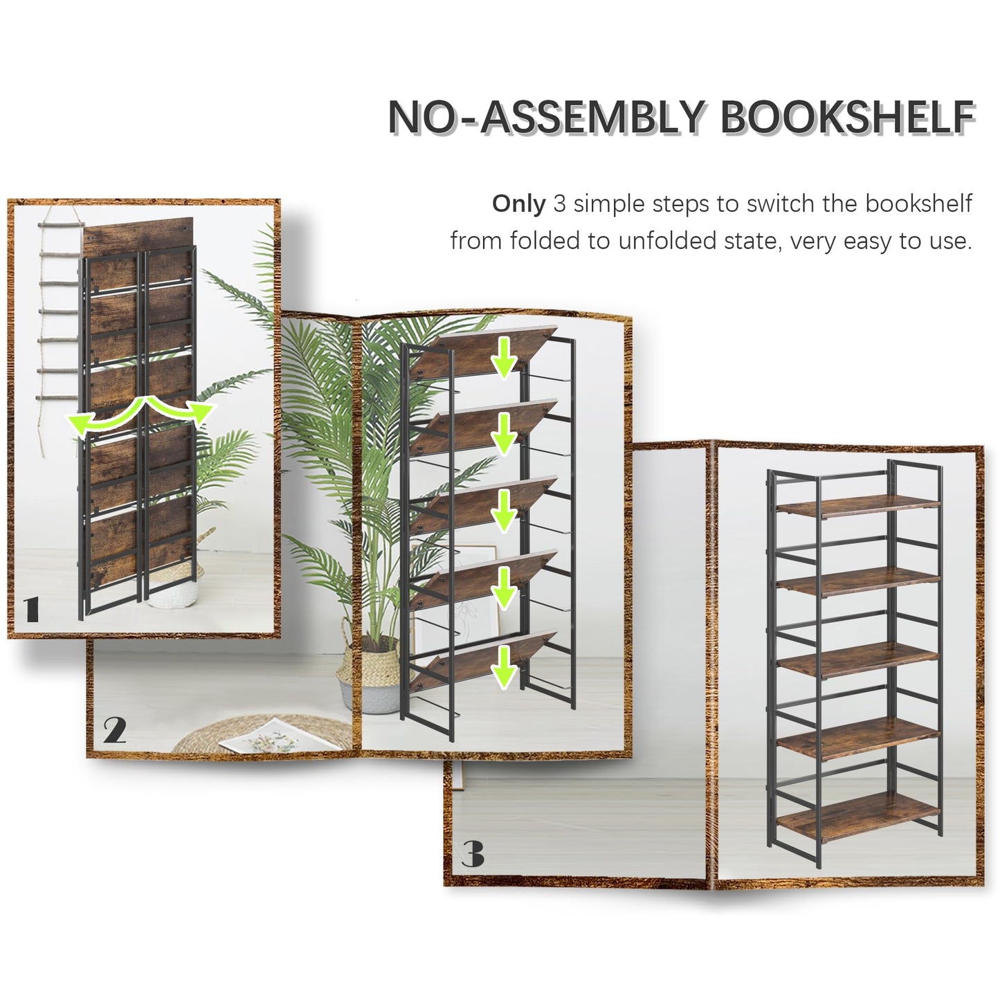 4NM No Assembly 5 Tiers Book Shelves, Black Folding Bookshelf Bookcase Open Industrial Foldable Shelves for Bedroom, Living Room, Home Office - Rustic Brown Black