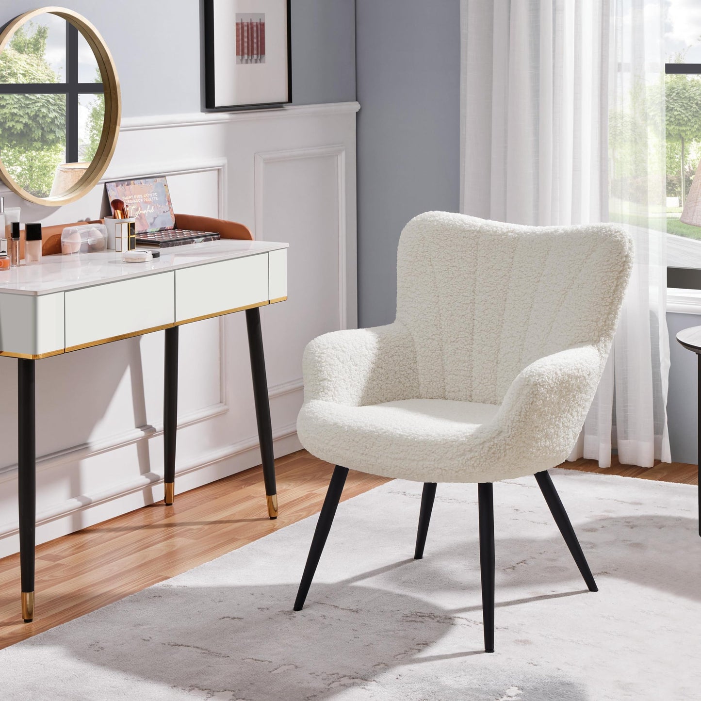 Yaheetech Boucle Accent Chair, Modern Fuzzy Sherpa Armchair, Fuzzy Sherpa Armchair, Upholstered Vanity Chair with High Back and Mental Legs for Living Room Makeup Bedroom, Ivory