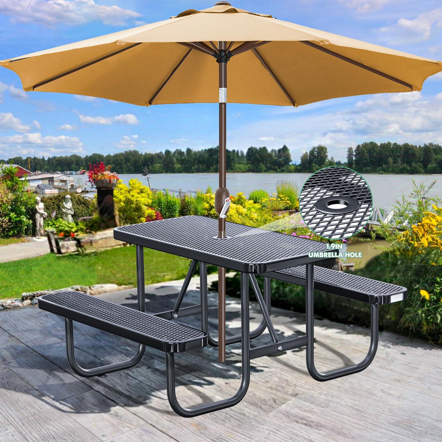 4FT Rectangular Outdoor Picnic Table and 2 Benches Set with Umbrella Hole, Metal Expanded Commercial Steel Heavy Duty Sturdy Picnic Tables Furniture Set for Yard Patio Lawn Party Coffee, Black