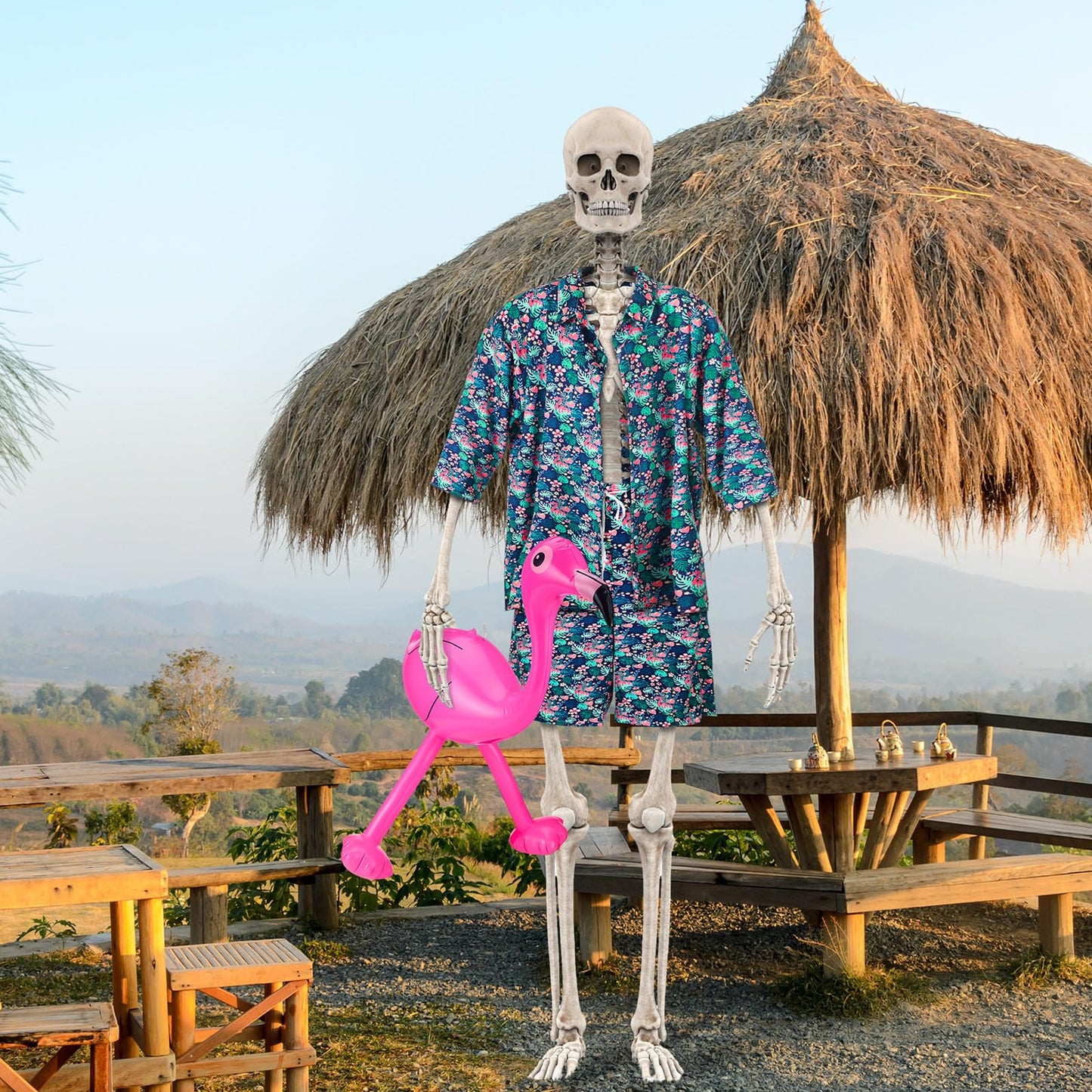 3 Pcs Hawaiian 12 ft Giant Skeleton Costume Accessories Set Includes Tropical Print Vest Shirt Shorts and Inflatable Flamingo for Summer Luau Party Garden Lawn Outdoor Decor (Skeleton Not Included)