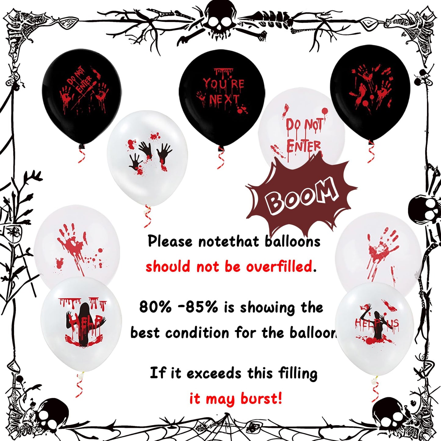 54PCS Halloween Balloons Bloody Balloons Black White Red Blood Splatter Balloons Handprint Latex Balloons Horror Zombie Latex Balloons Halloween Party Favor Scary Party Decoration