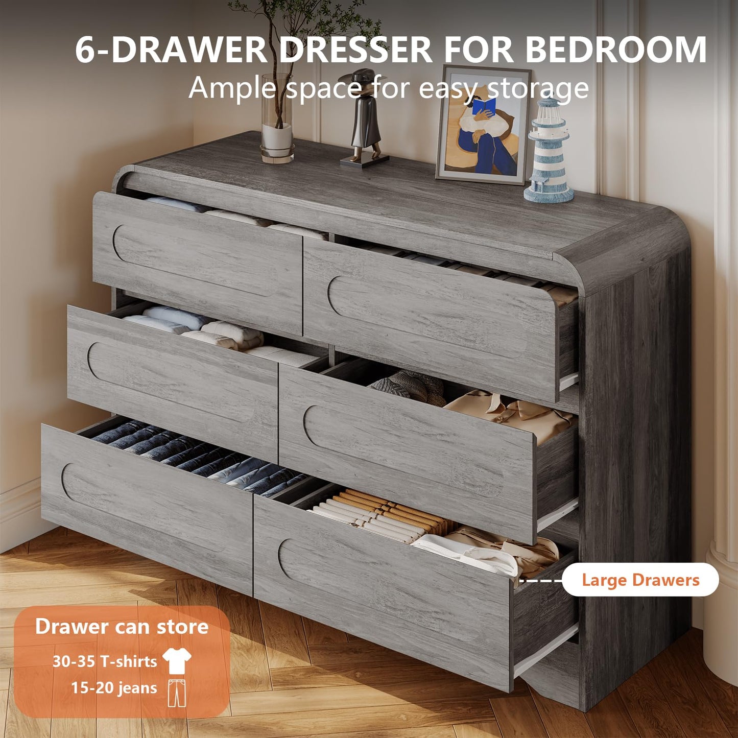 3 Pcs Bedroom Set, Modern Bedroom Furniture Set, Wood 6 Drawer Dresser and 2 Drawer Nightstand Set of 2, Chest of Drawers Wide Storage Organizer Cabinet Set, Grey