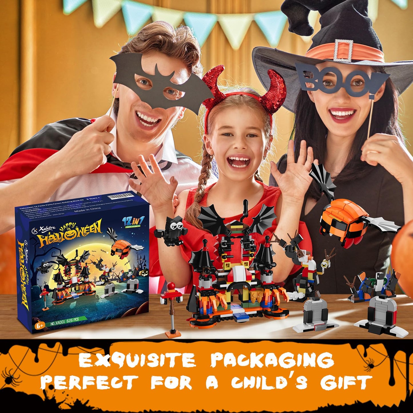 Xalvitra Halloween Party Favors Toys for Kids,Halloween Haunted House 12 in 1 Building Blocks Set Gift 668PCS,Halloween Mini Cute Bricks Pcs Goodie Bags Fillers Classroom Prizes Boys or Girls 6-12