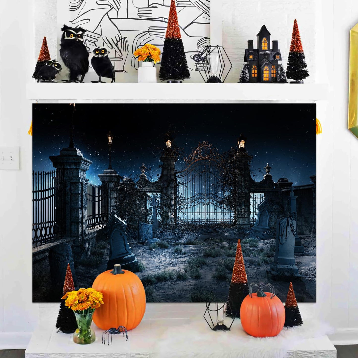 7 x 5 FT Halloween Graveyard Backdrop - Large Eerie Night Scene, Creepy Cemetery Gravestones Design Wall Hanging Background, Spooky Photography Photo Booth Props for Indoor Outdoor Party Decorations