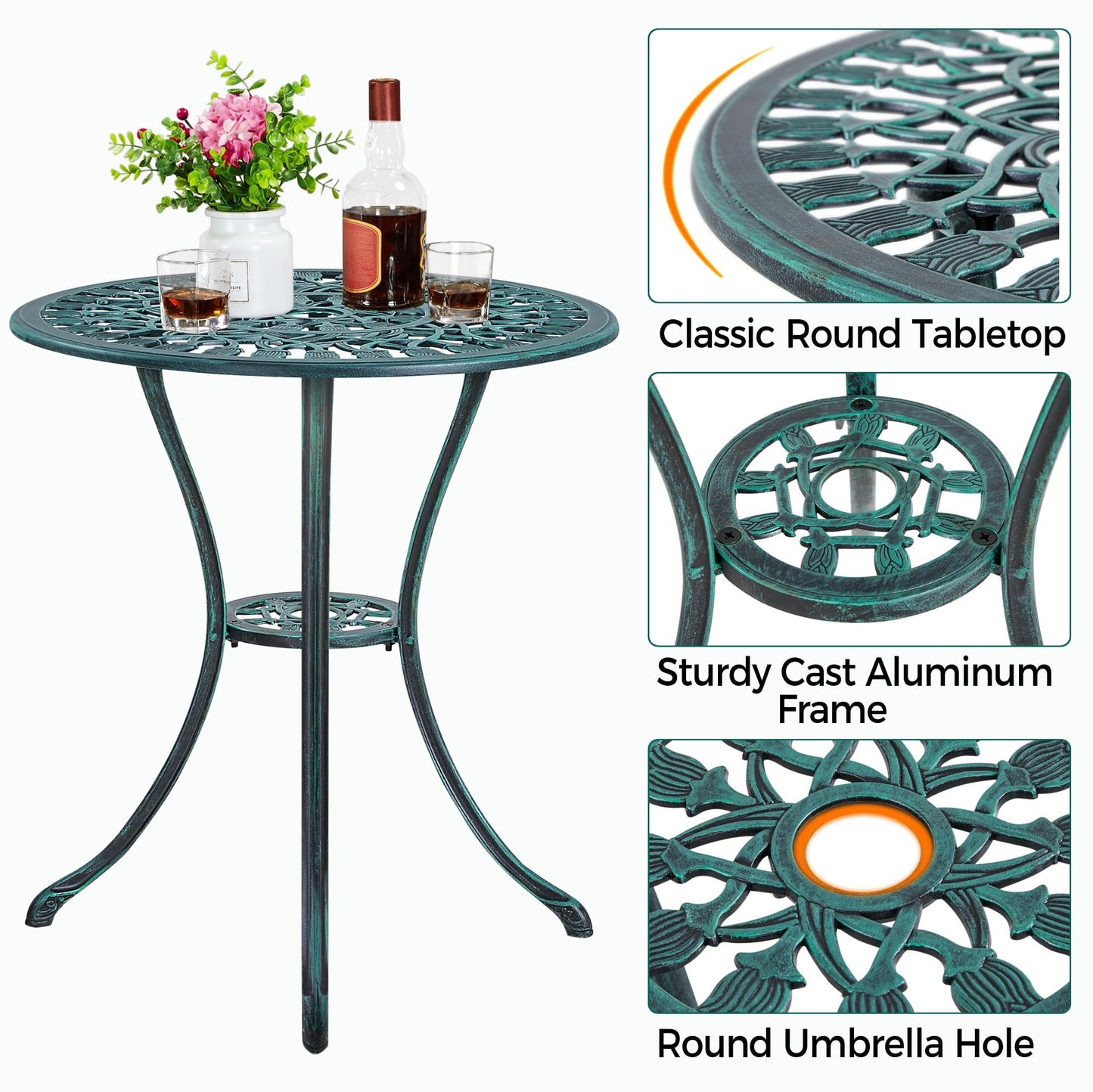 Yaheetech Patio Bistro Sets 3 Piece Cast Aluminum Bistro Table and Chairs Set, Cast Aluminum Bistro Table and Chairs Set of 2 with Umbrella Hole for Patio Backyard Balcony, Green