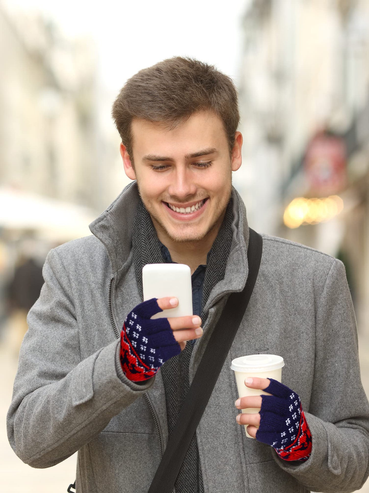 4 Pairs Fingerless Gloves Unisex Half Finger Striped Knit Stretchy Winter Gloves for Women Men Cold Weather(Elk Style)