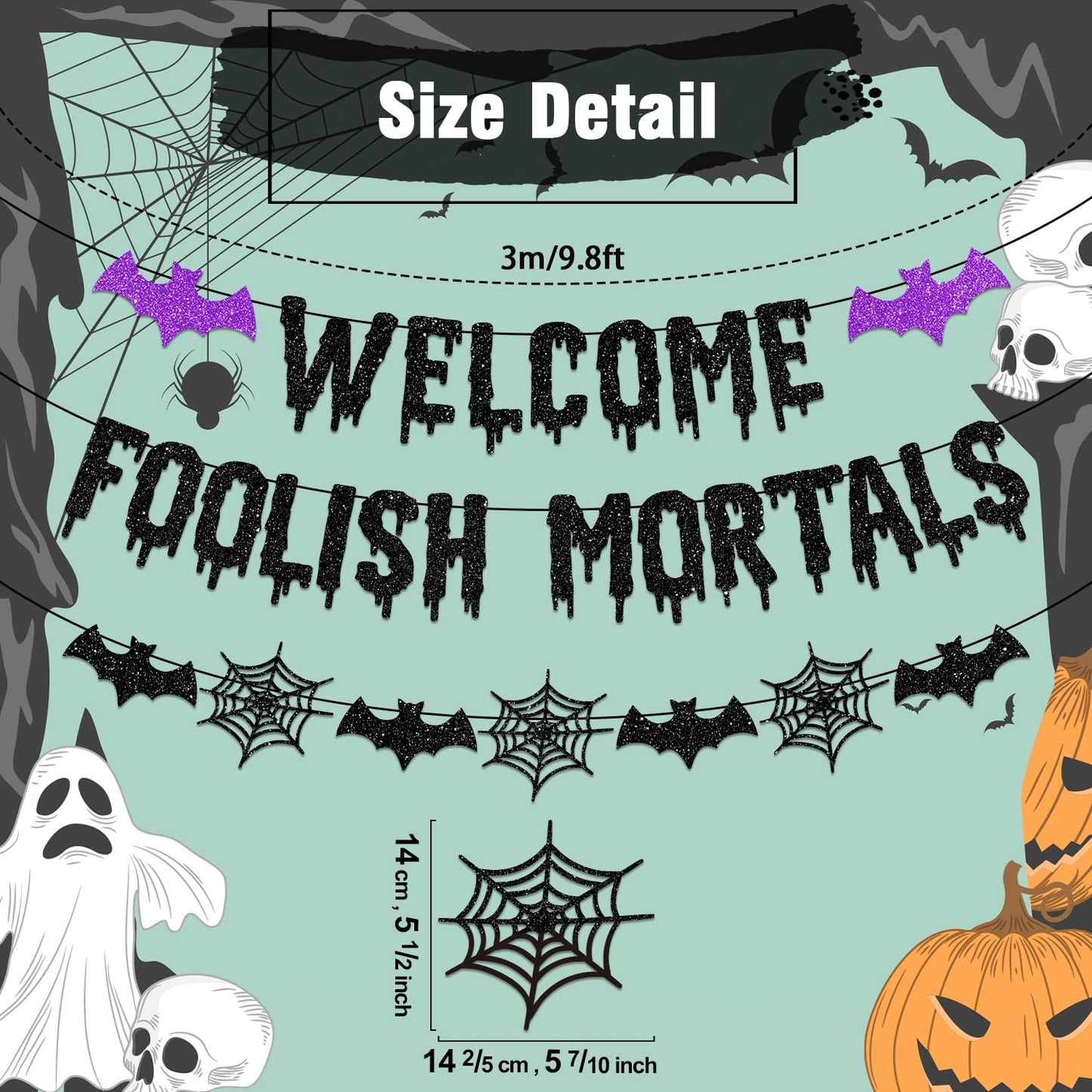Welcome Foolish Mortals Halloween Banner Decorations Halloween Haunted Mansion Banner Wall Decorations with Bat and Spider for Halloween Party Decorations
