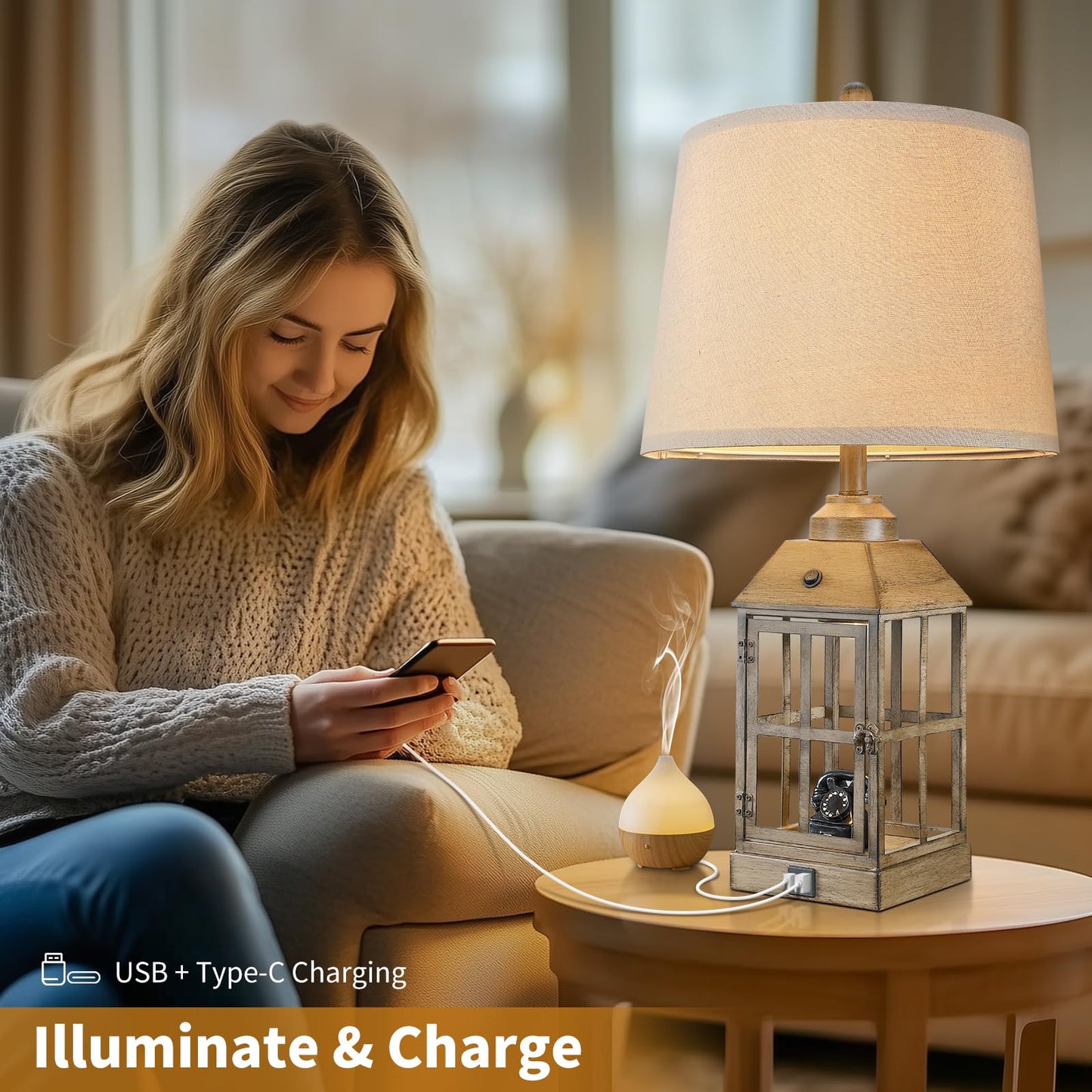 25" Farmhouse Table Lamps for Living Room, Table Lamps Set of 2 with USB Port and Nightlight, Rustic Table Lamp for Bedroom, Bedside Lamp for Nightstand, End Table, Home, LED Bulbs Included (Wood)